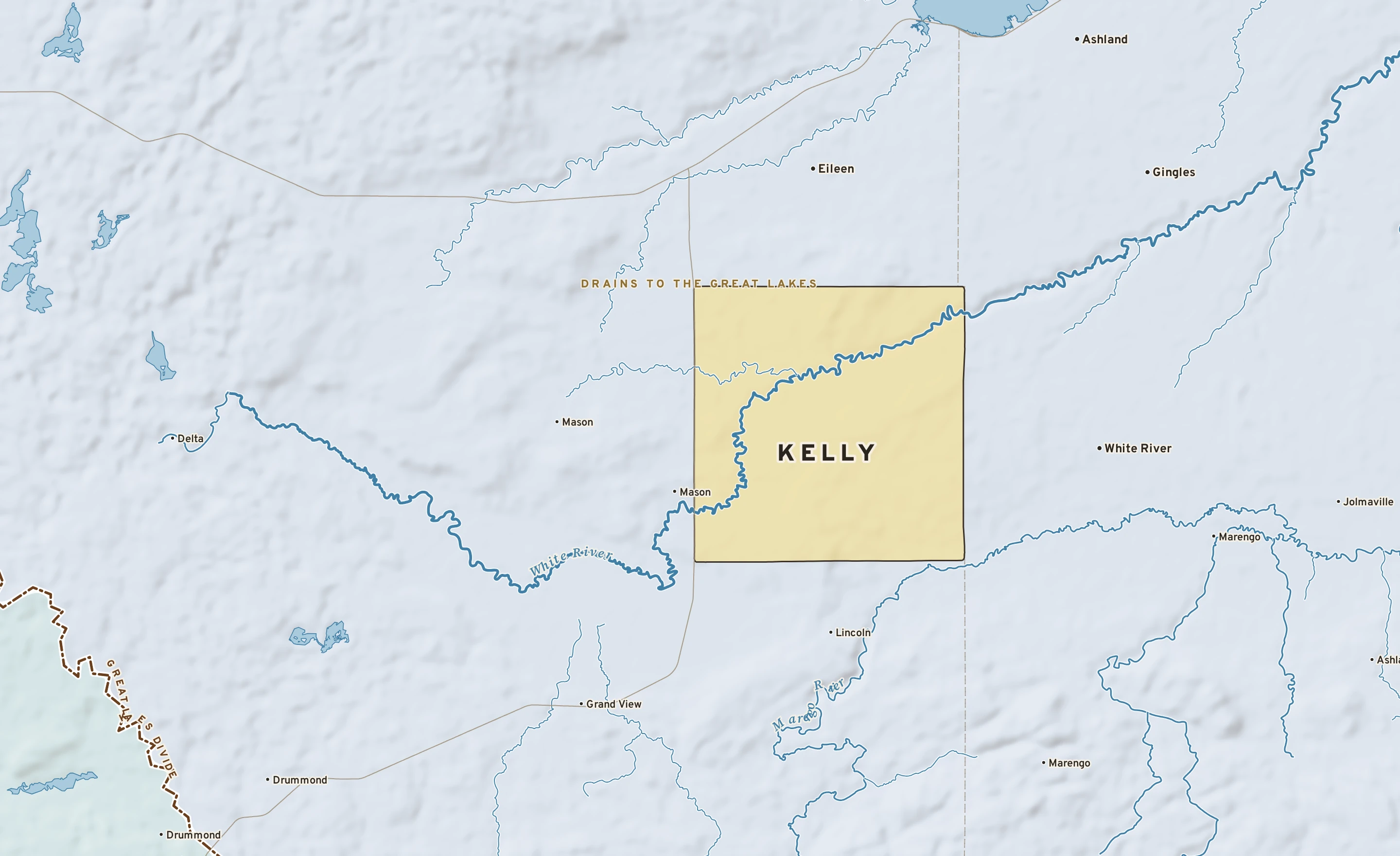 Shaded-relief atlas plate of Kelly, Wisconsin: rivers, roads, the city limits and where the water drains.