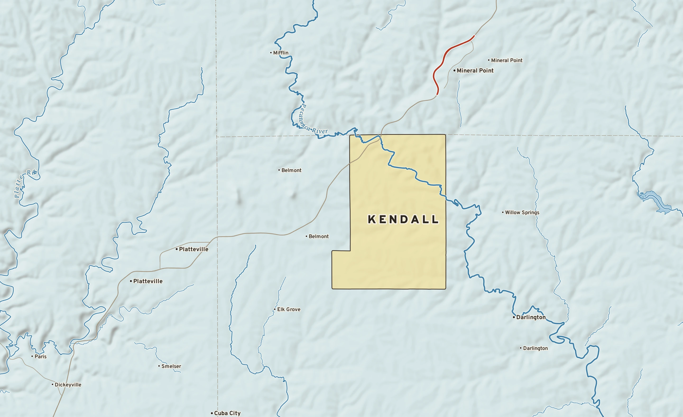 Shaded-relief atlas plate of Kendall, Wisconsin: rivers, roads, the city limits and where the water drains.
