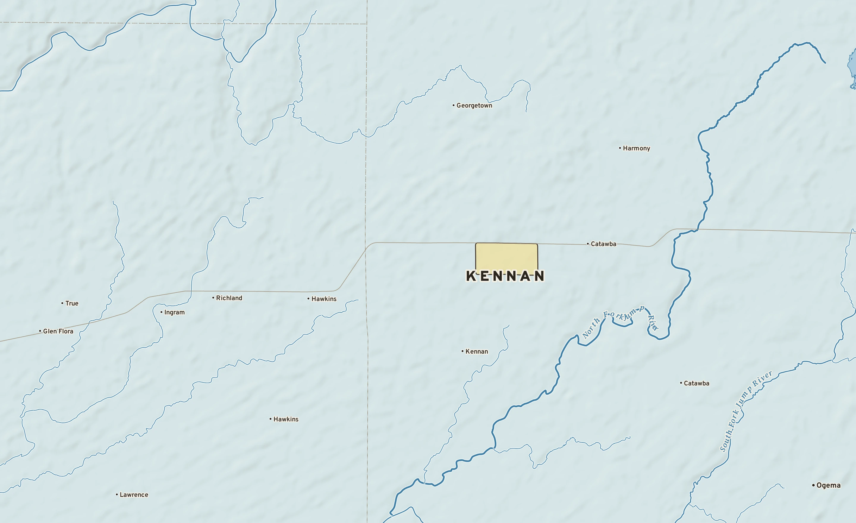 Shaded-relief atlas plate of Kennan, Wisconsin: rivers, roads, the city limits and where the water drains.