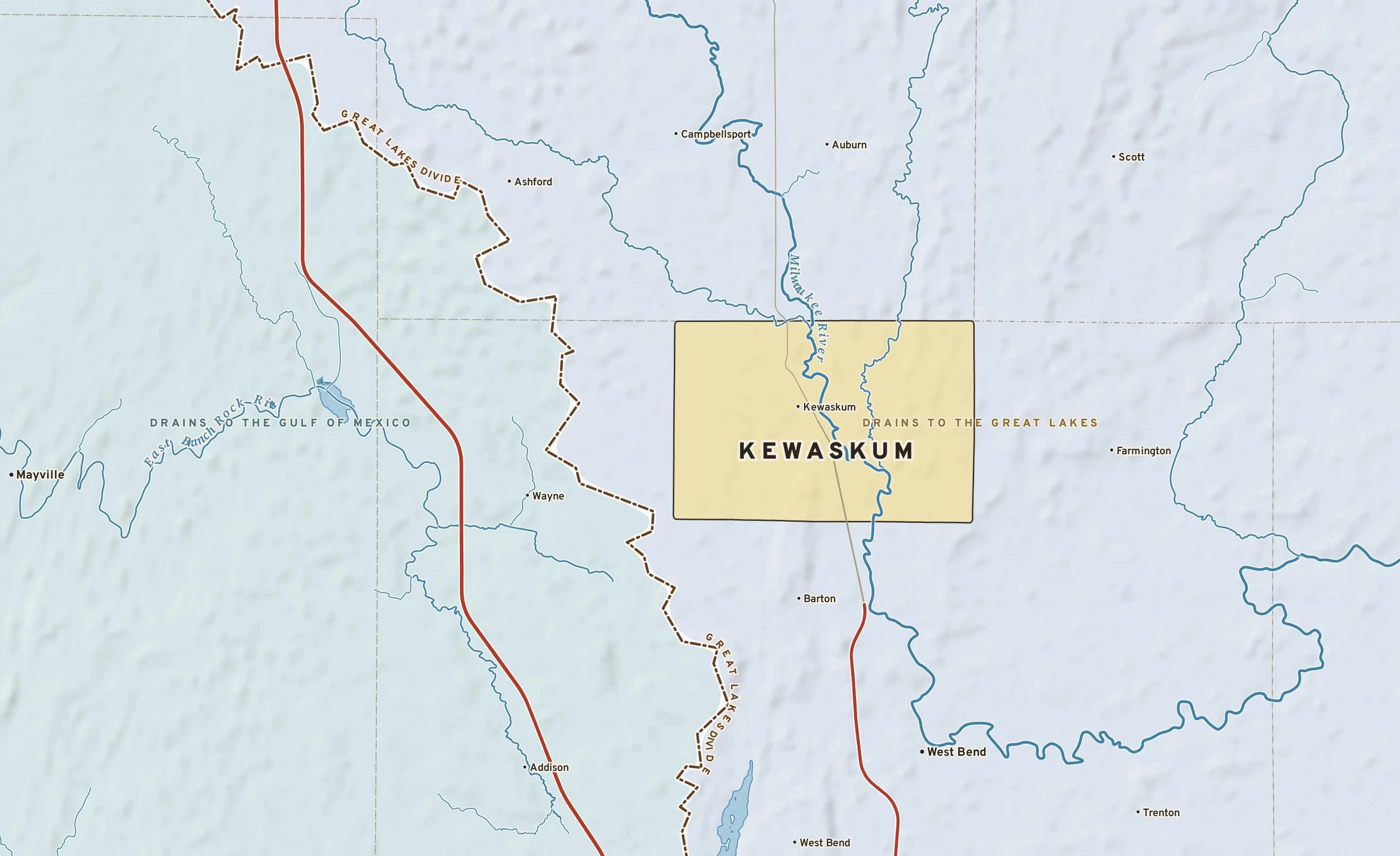 Shaded-relief atlas plate of Kewaskum, Wisconsin: rivers, roads, the city limits and where the water drains.