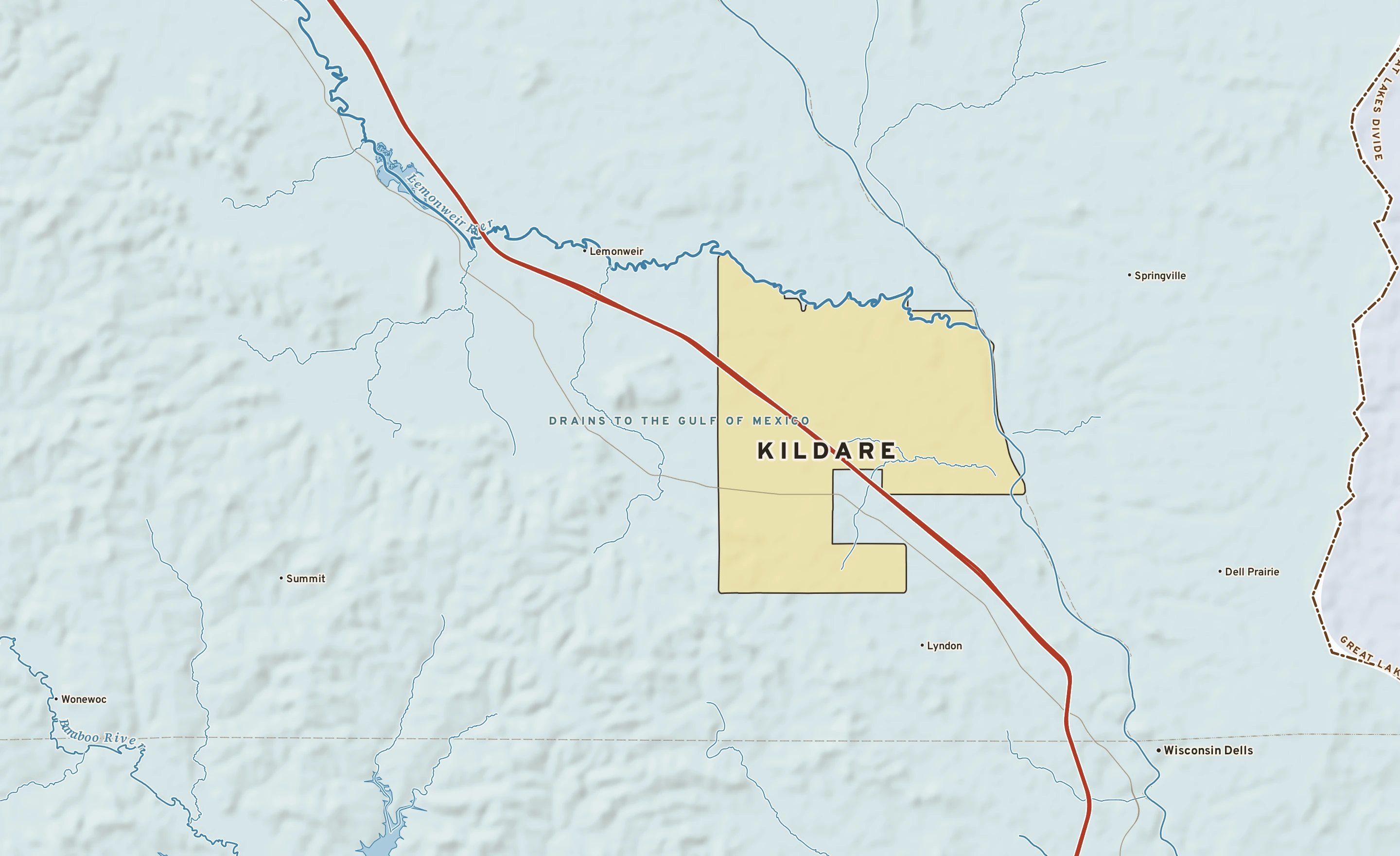Shaded-relief atlas plate of Kildare, Wisconsin: rivers, roads, the city limits and where the water drains.