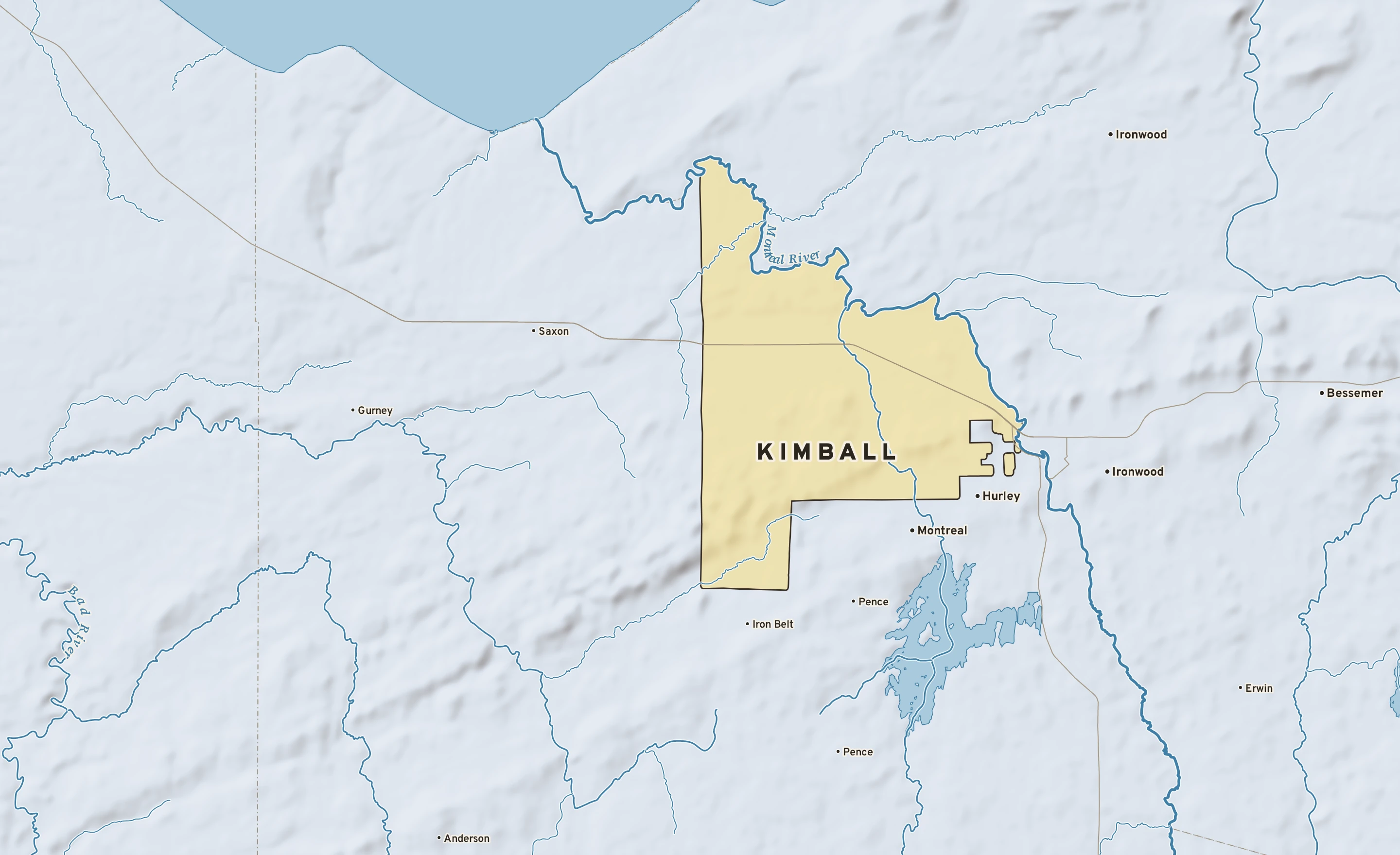 Shaded-relief atlas plate of Kimball, Wisconsin: rivers, roads, the city limits and where the water drains.