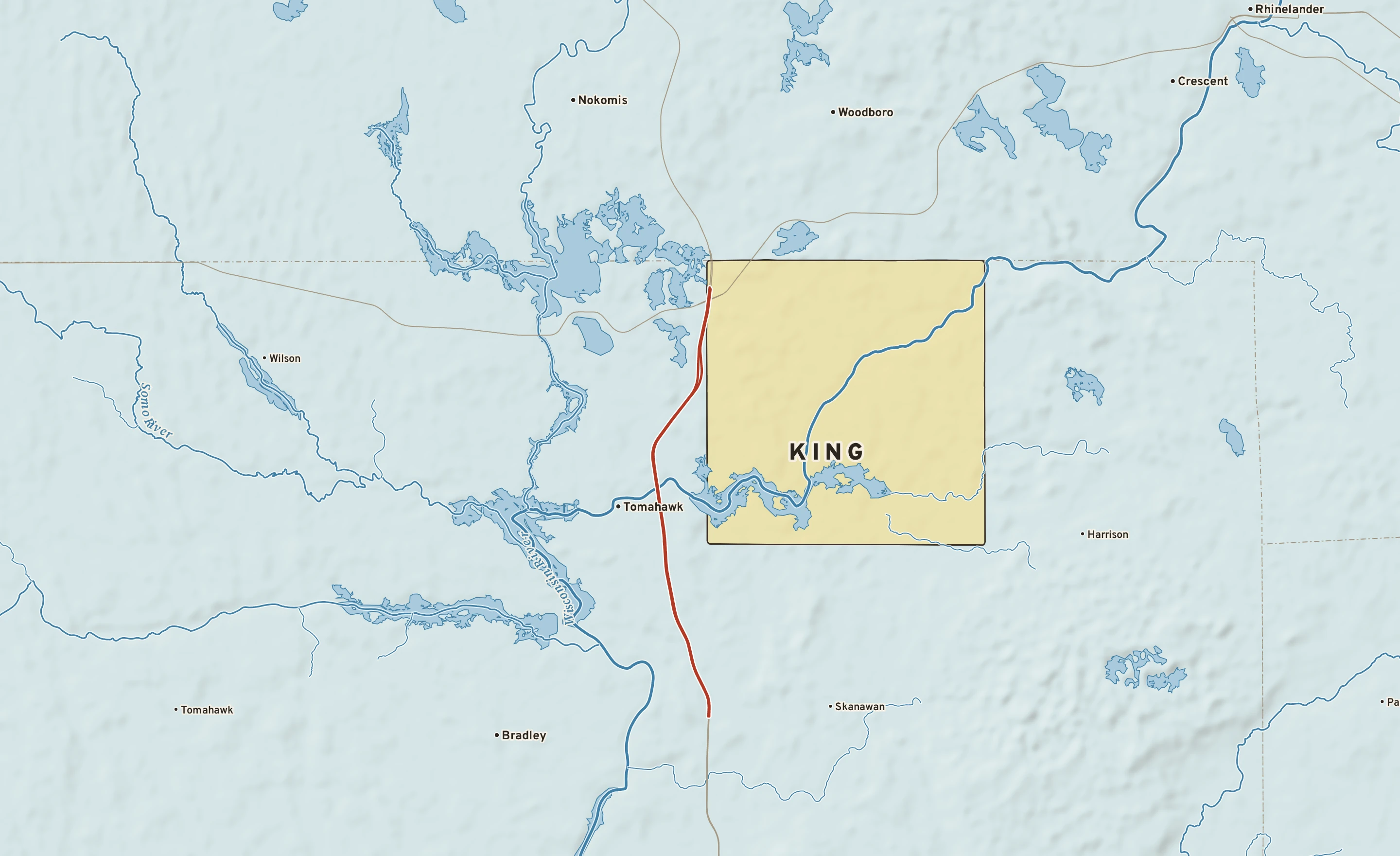Shaded-relief atlas plate of King, Wisconsin: rivers, roads, the city limits and where the water drains.