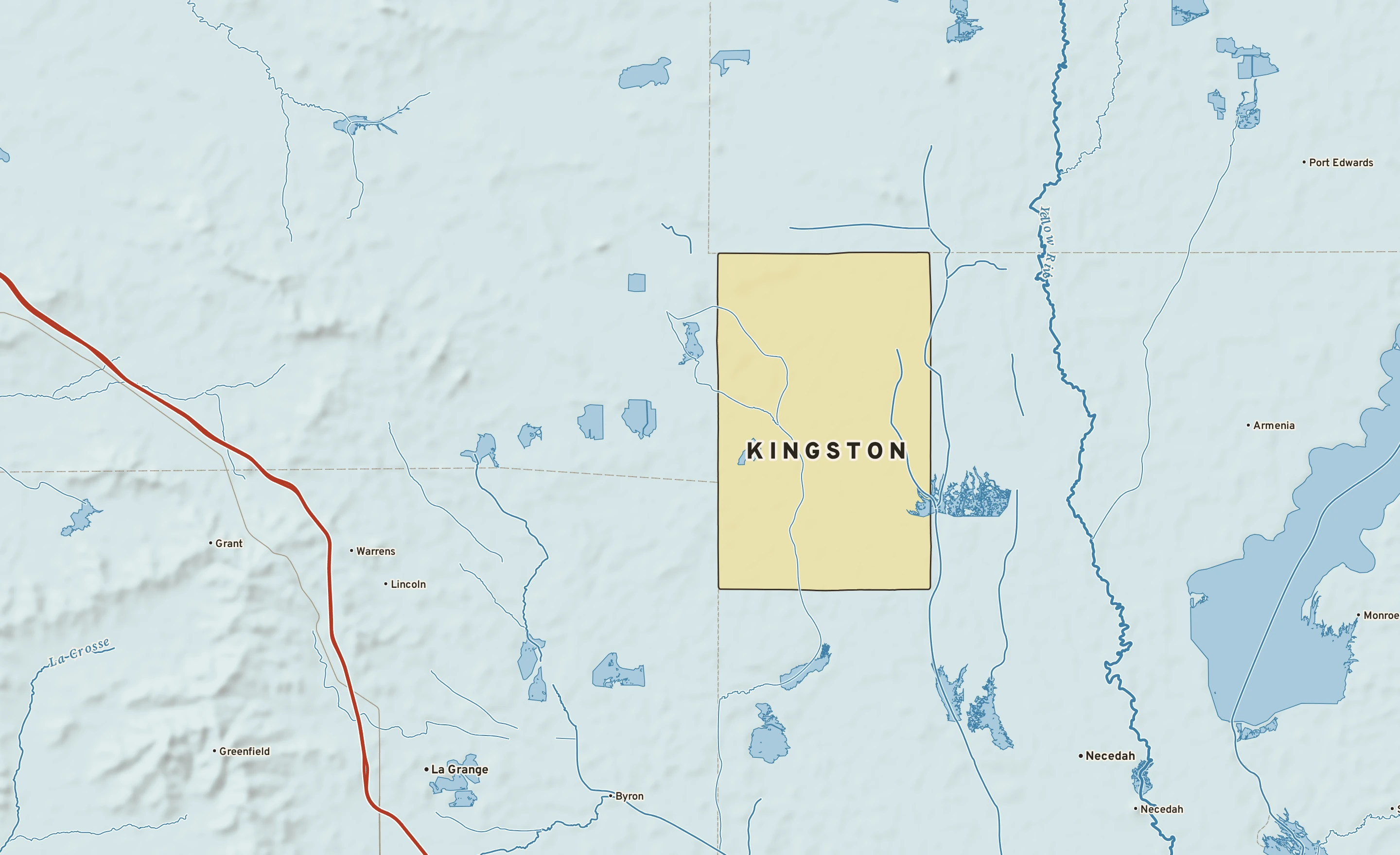Shaded-relief atlas plate of Kingston, Wisconsin: rivers, roads, the city limits and where the water drains.