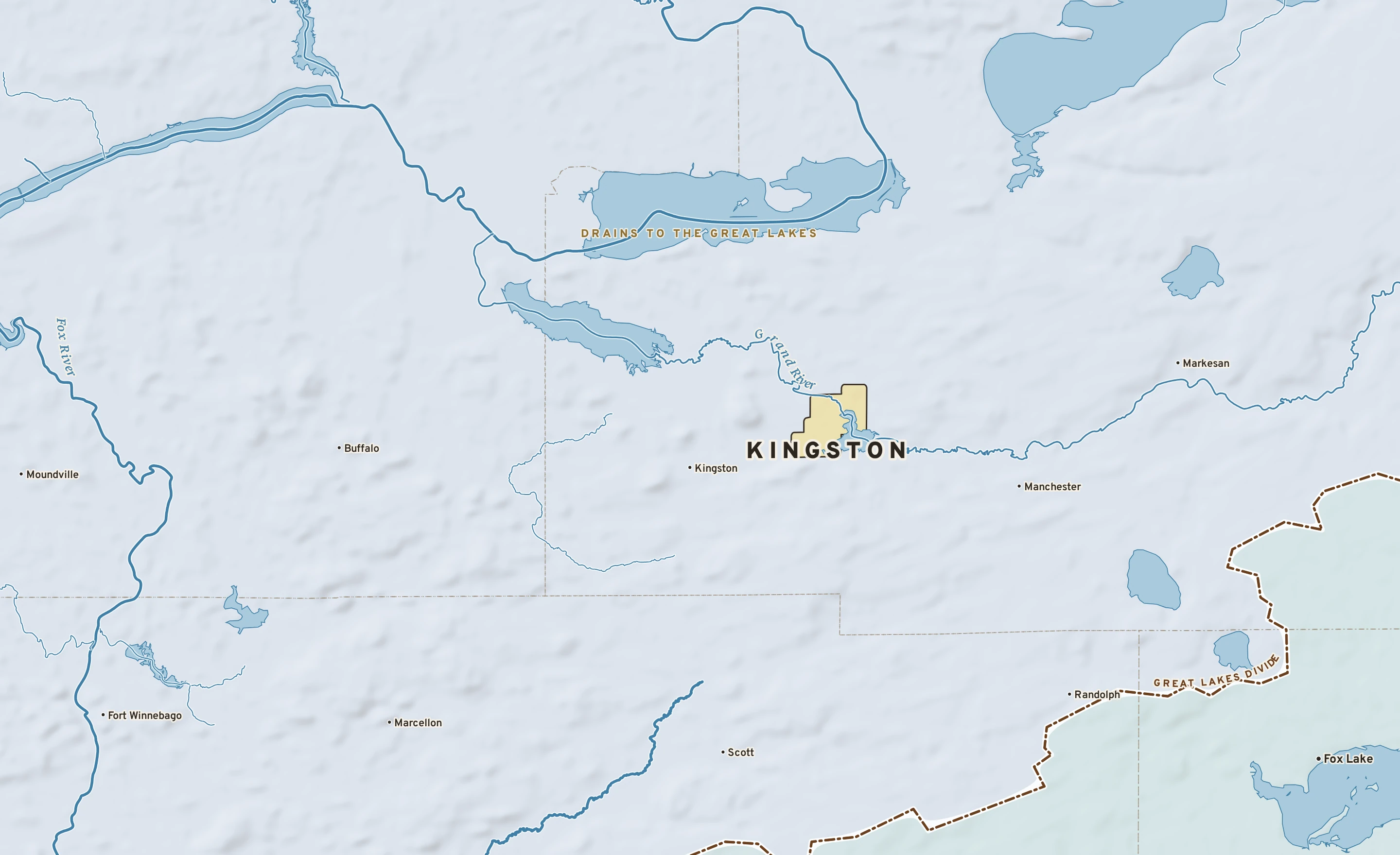 Shaded-relief atlas plate of Kingston, Wisconsin: rivers, roads, the city limits and where the water drains.