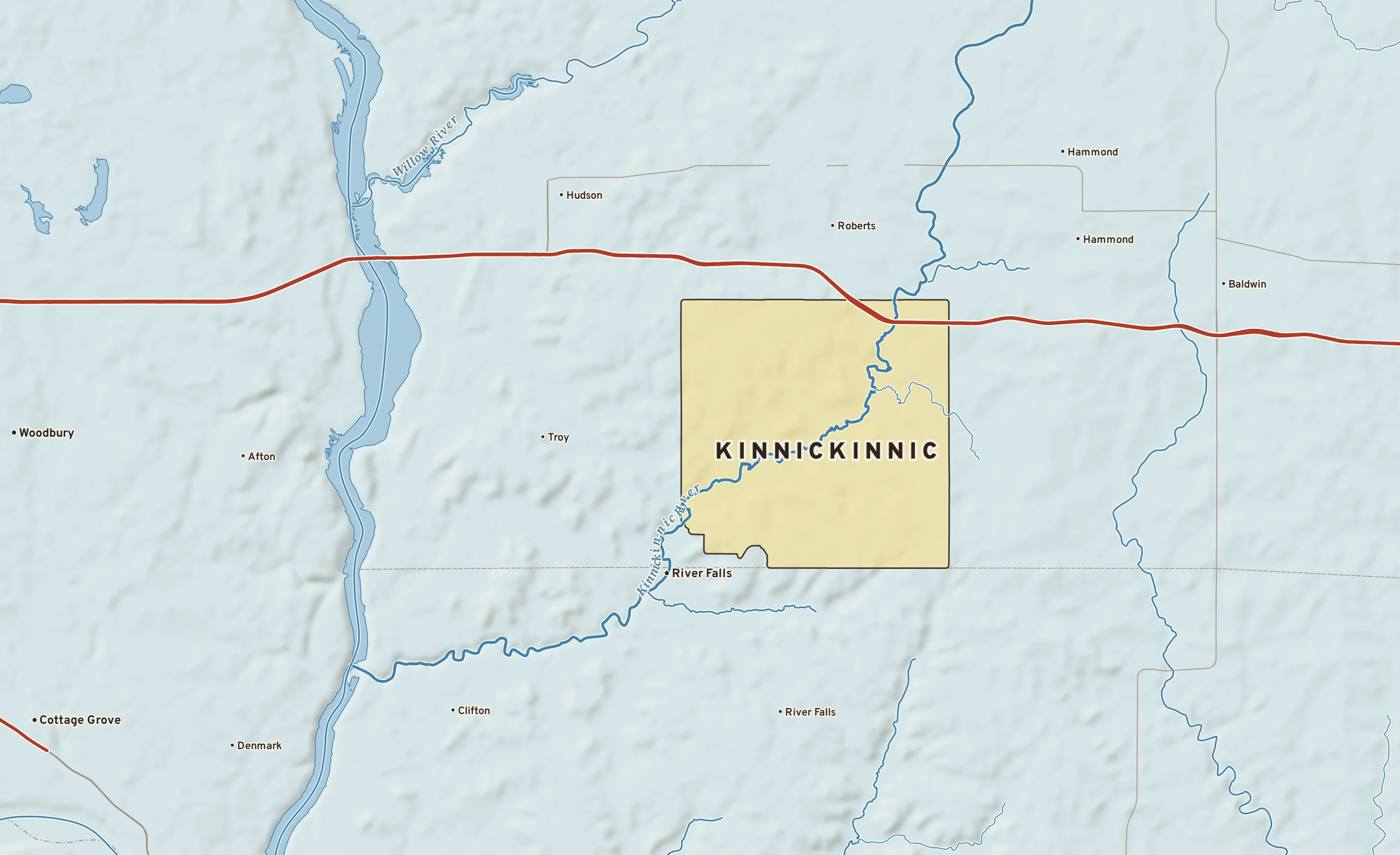 Shaded-relief atlas plate of Kinnickinnic, Wisconsin: rivers, roads, the city limits and where the water drains.