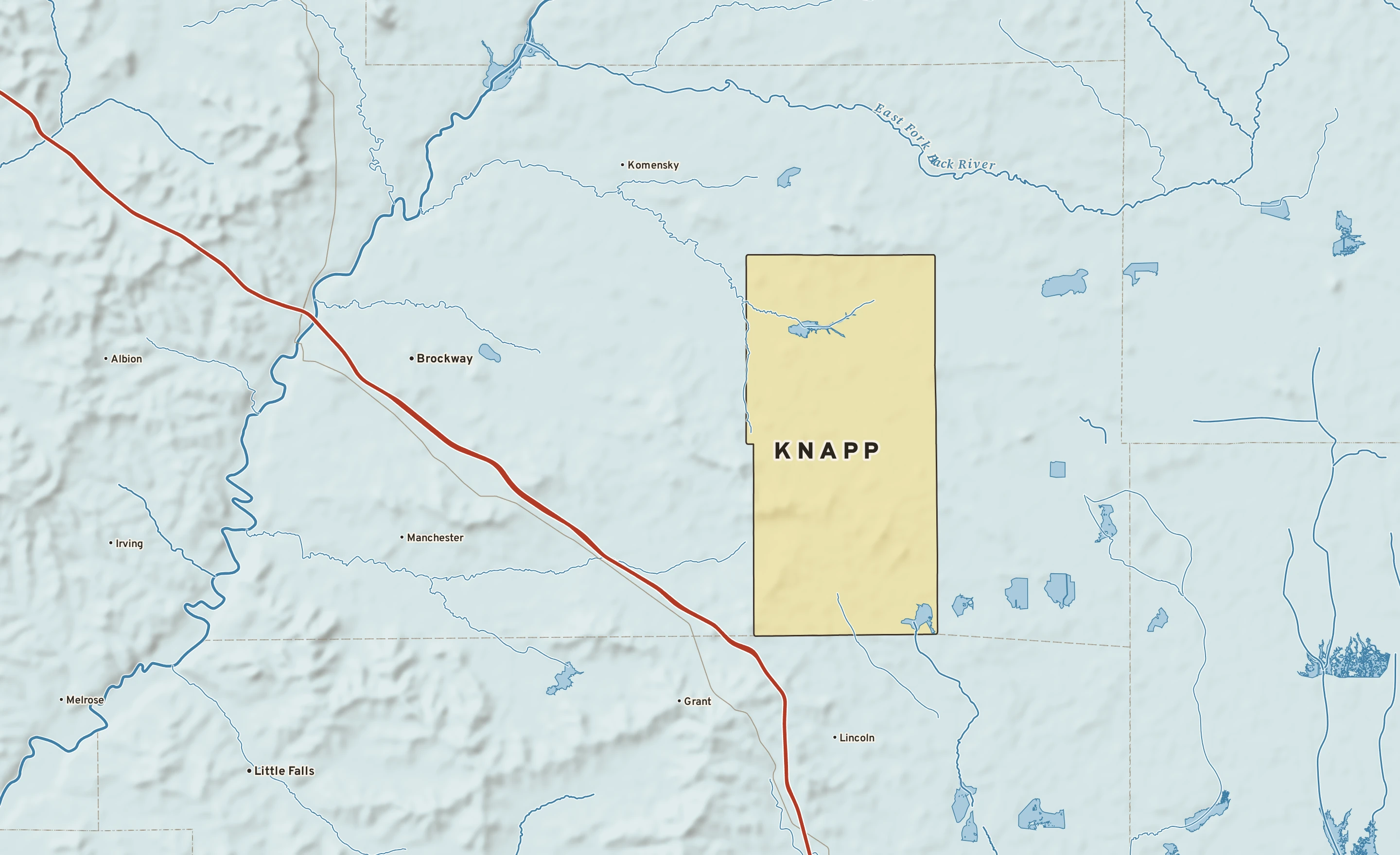 Shaded-relief atlas plate of Knapp, Wisconsin: rivers, roads, the city limits and where the water drains.