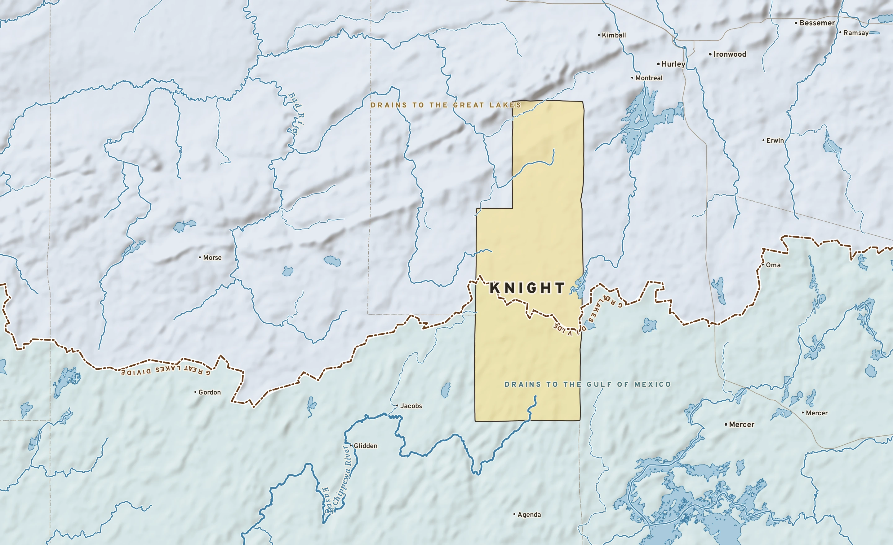 Shaded-relief atlas plate of Knight, Wisconsin: rivers, roads, the city limits and where the water drains.