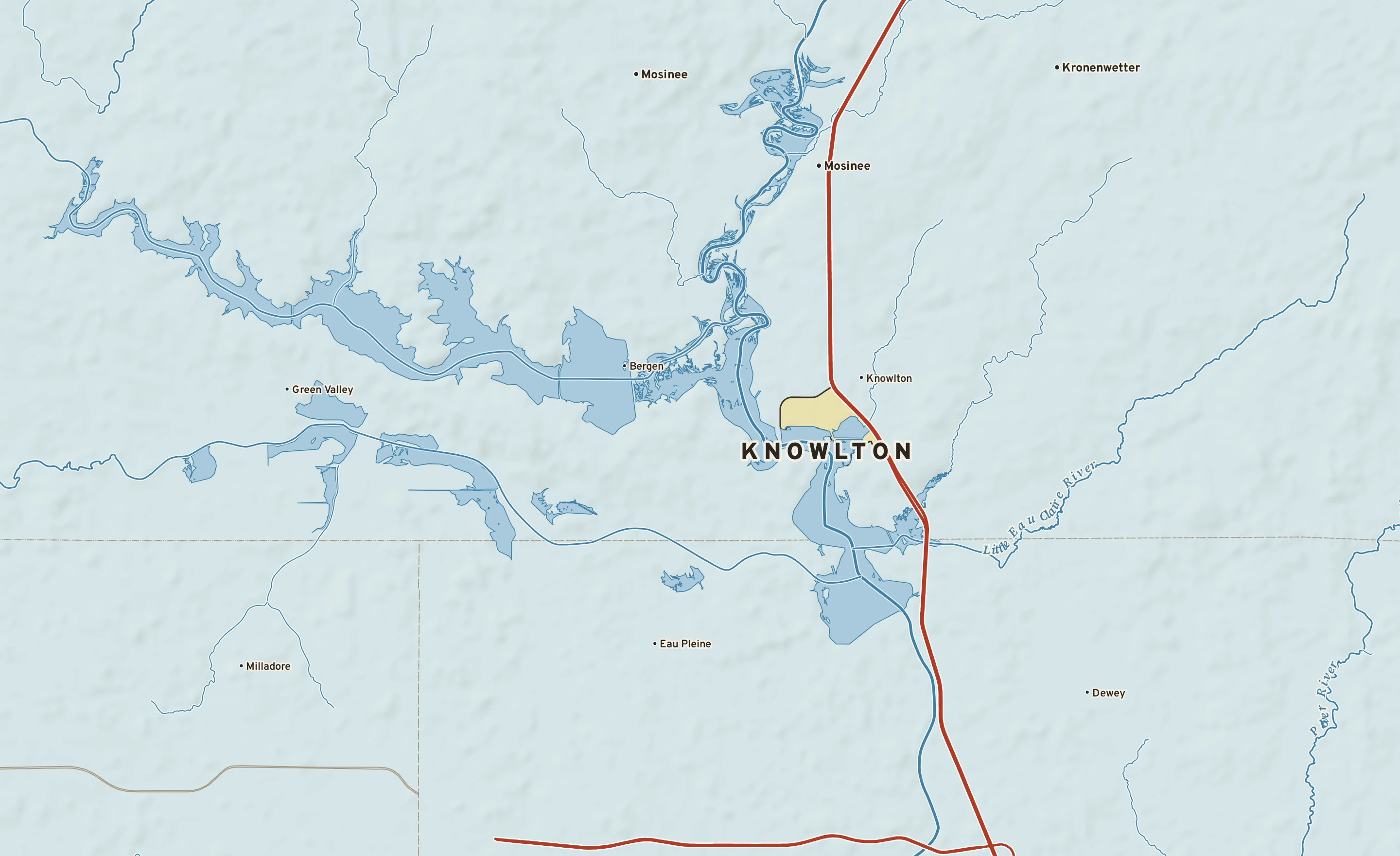 Shaded-relief atlas plate of Knowlton, Wisconsin: rivers, roads, the city limits and where the water drains.