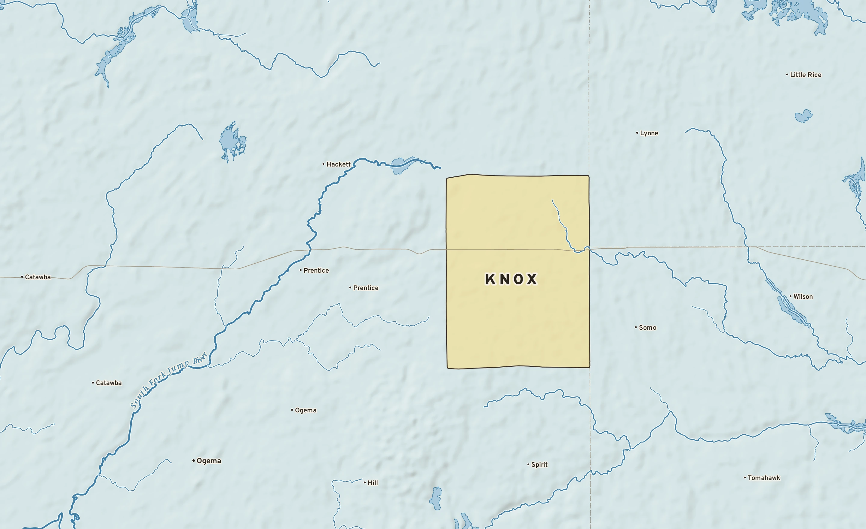 Shaded-relief atlas plate of Knox, Wisconsin: rivers, roads, the city limits and where the water drains.