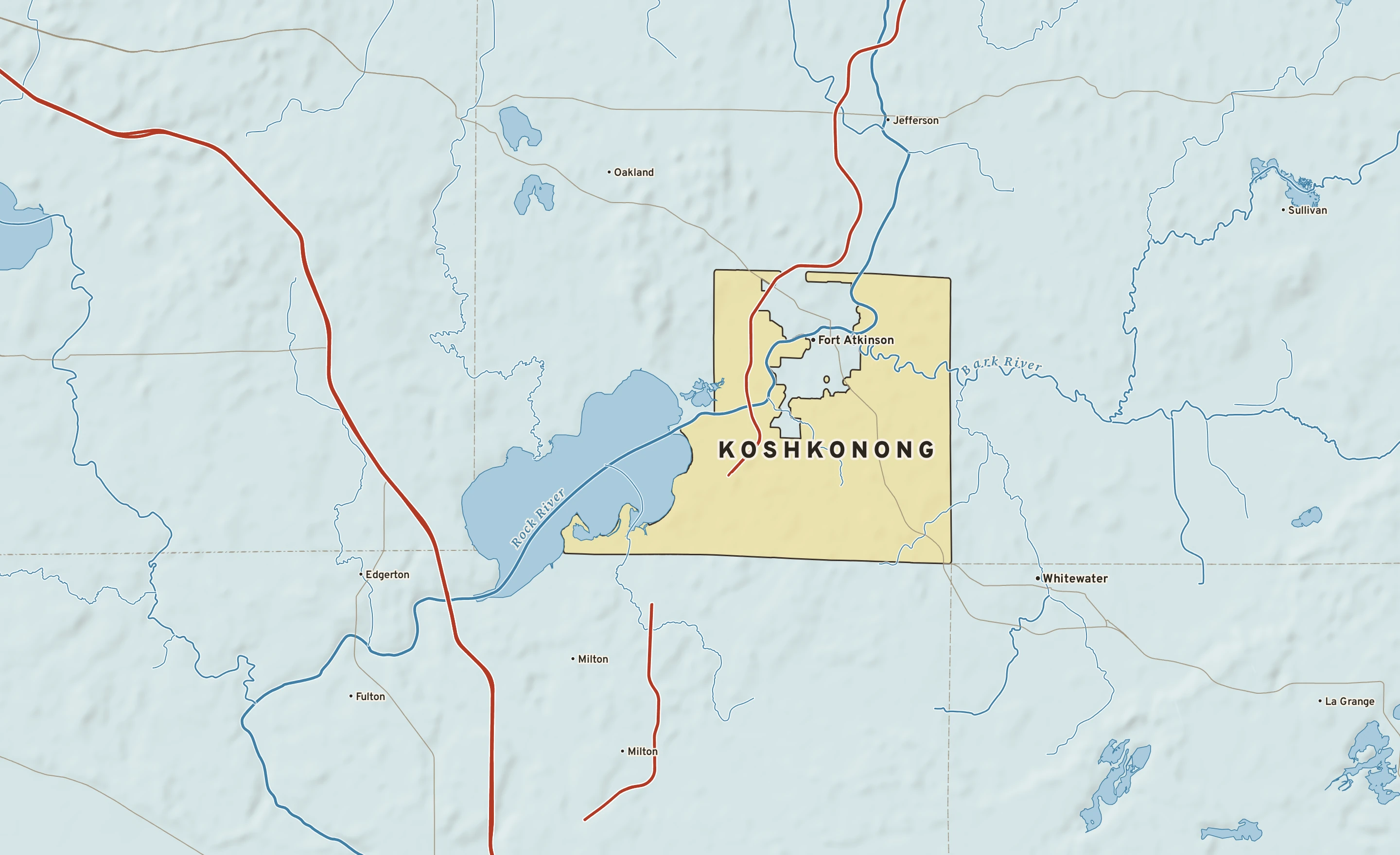 Shaded-relief atlas plate of Koshkonong, Wisconsin: rivers, roads, the city limits and where the water drains.