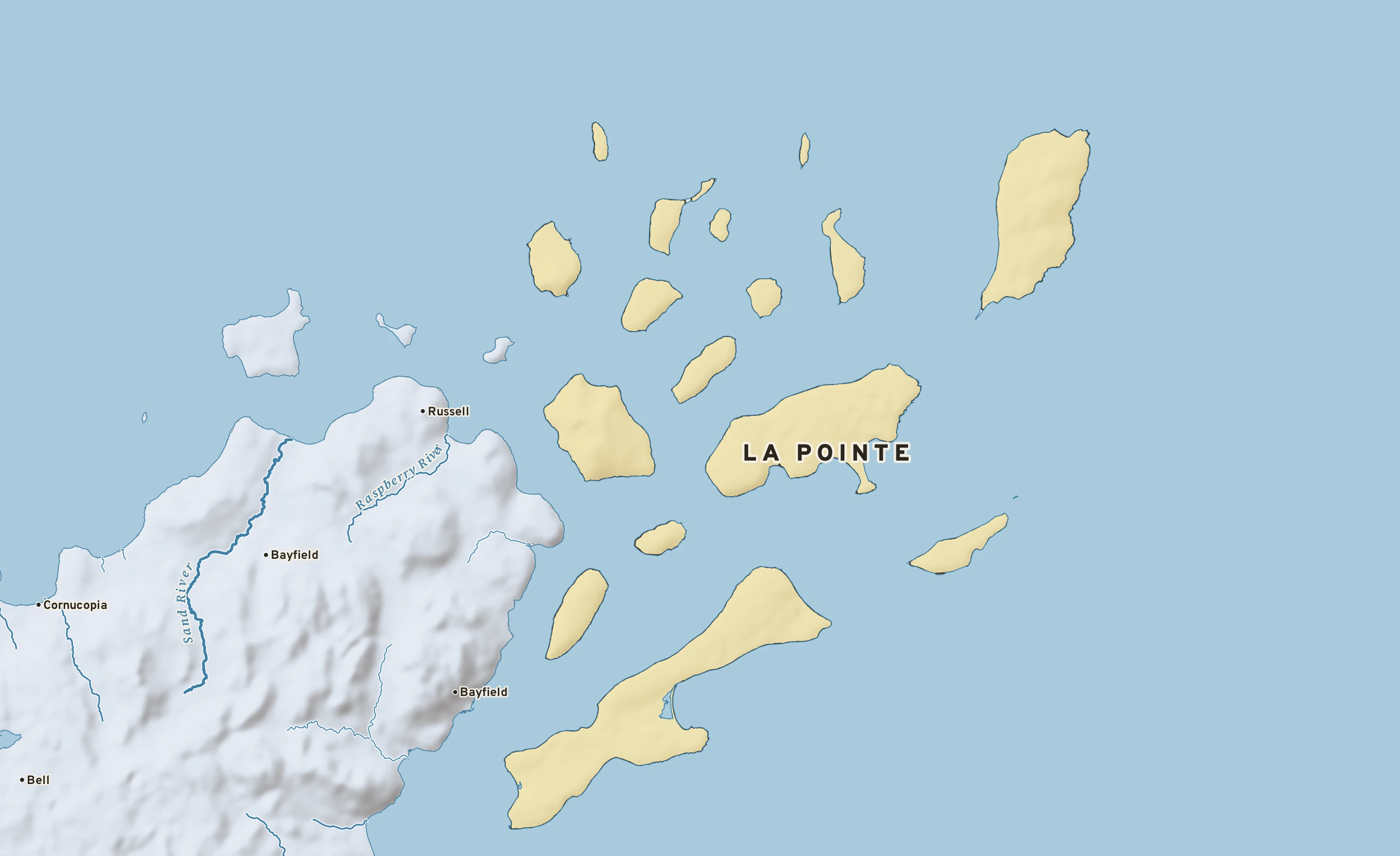 Shaded-relief atlas plate of La Pointe, Wisconsin: rivers, roads, the city limits and where the water drains.