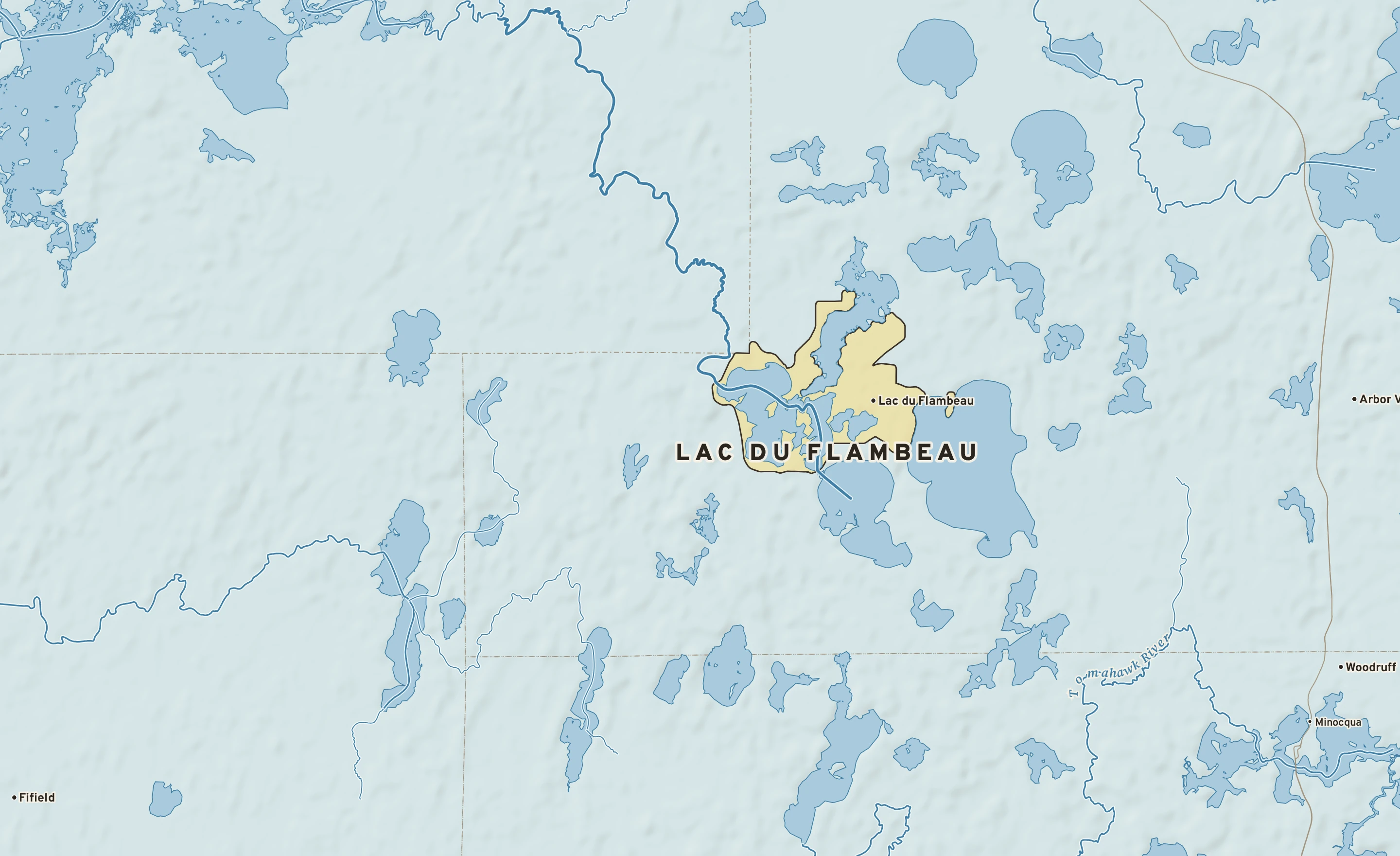 Shaded-relief atlas plate of Lac du Flambeau, Wisconsin: rivers, roads, the city limits and where the water drains.