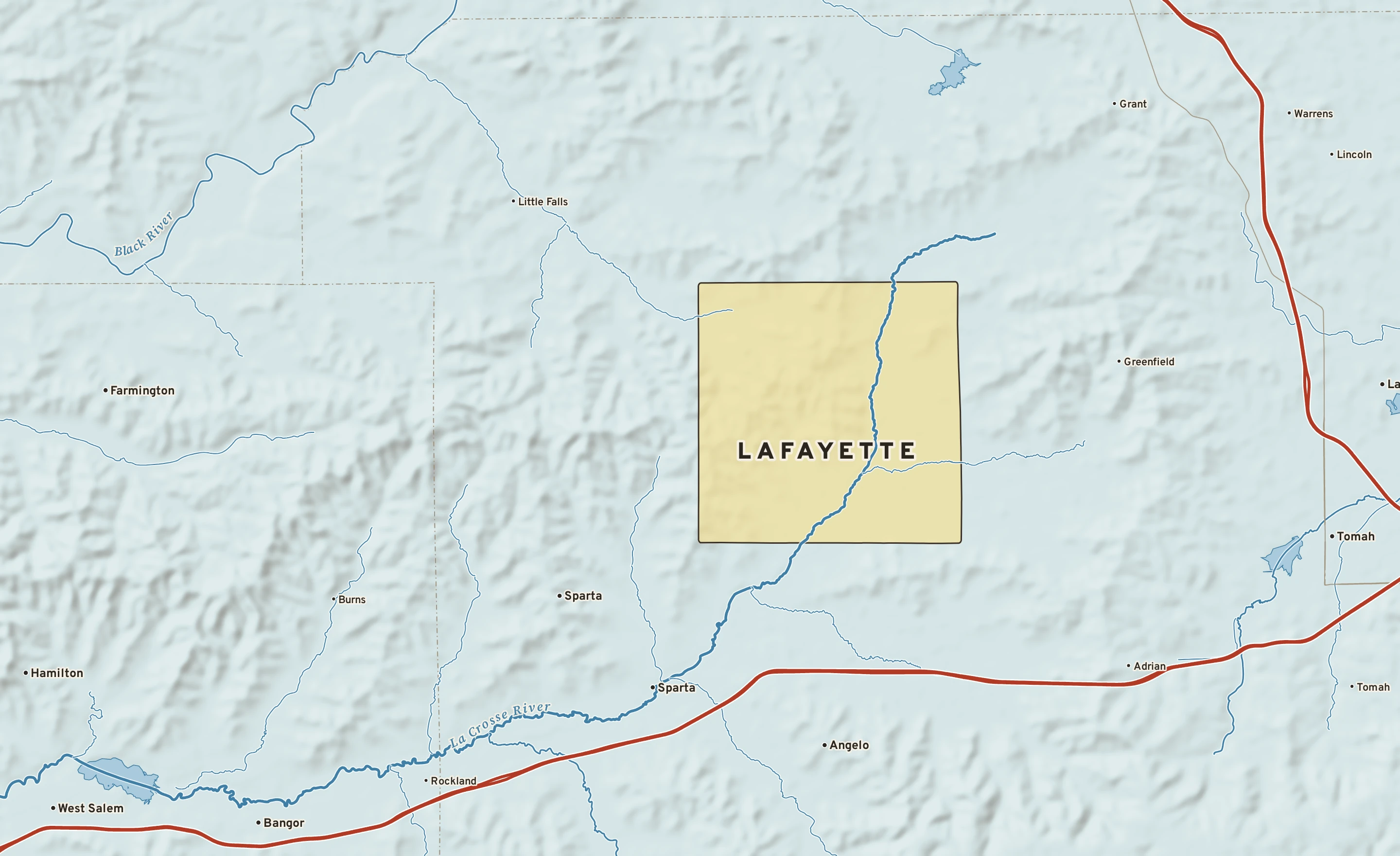 Shaded-relief atlas plate of Lafayette, Wisconsin: rivers, roads, the city limits and where the water drains.