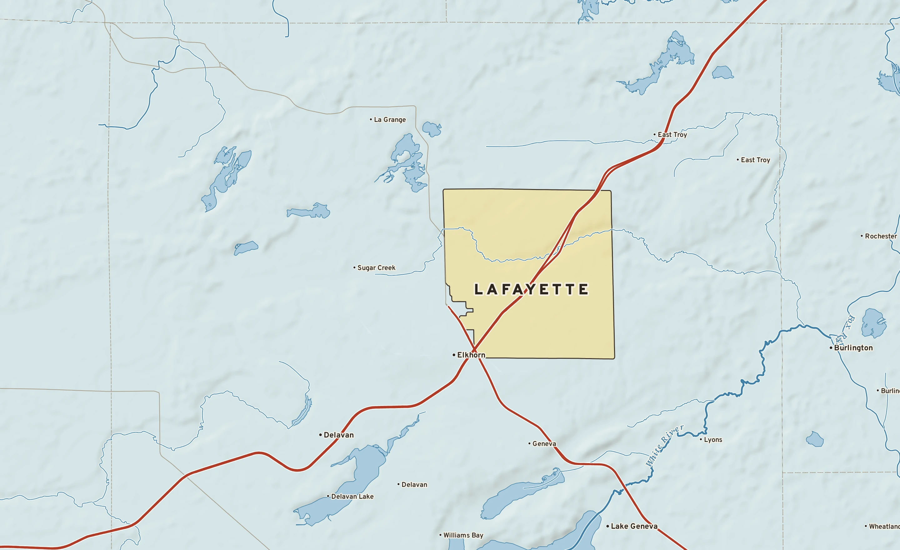 Shaded-relief atlas plate of Lafayette, Wisconsin: rivers, roads, the city limits and where the water drains.