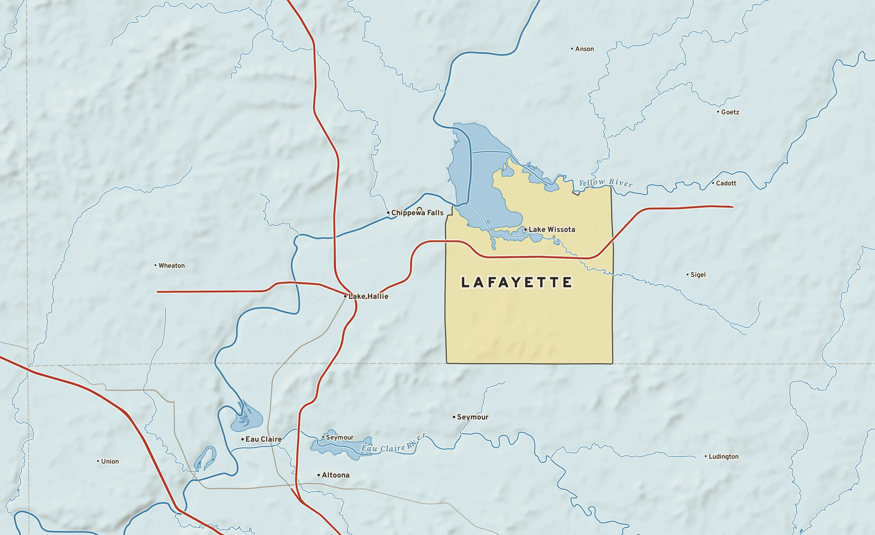 Shaded-relief atlas plate of Lafayette, Wisconsin: rivers, roads, the city limits and where the water drains.