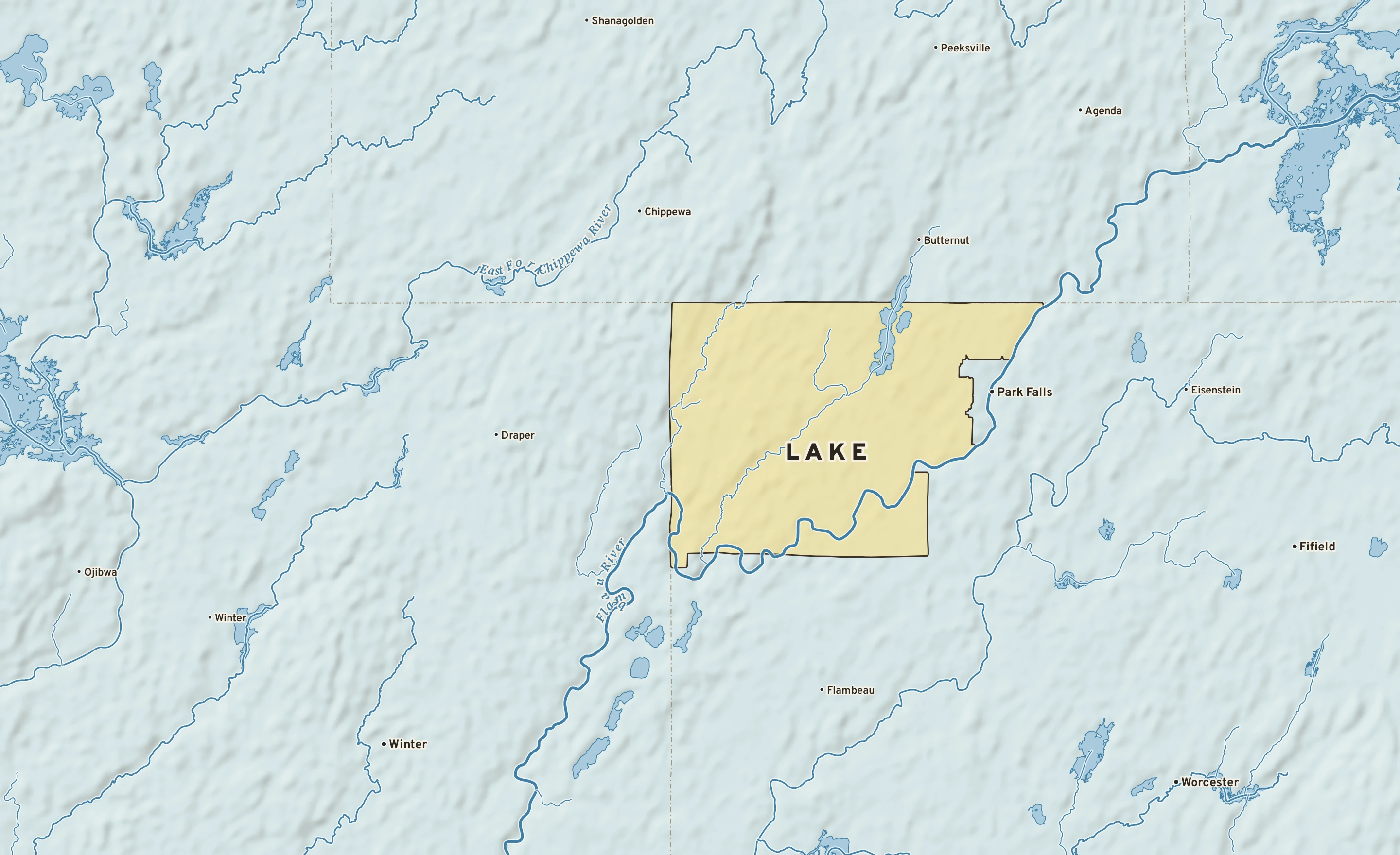 Shaded-relief atlas plate of Lake, Wisconsin: rivers, roads, the city limits and where the water drains.