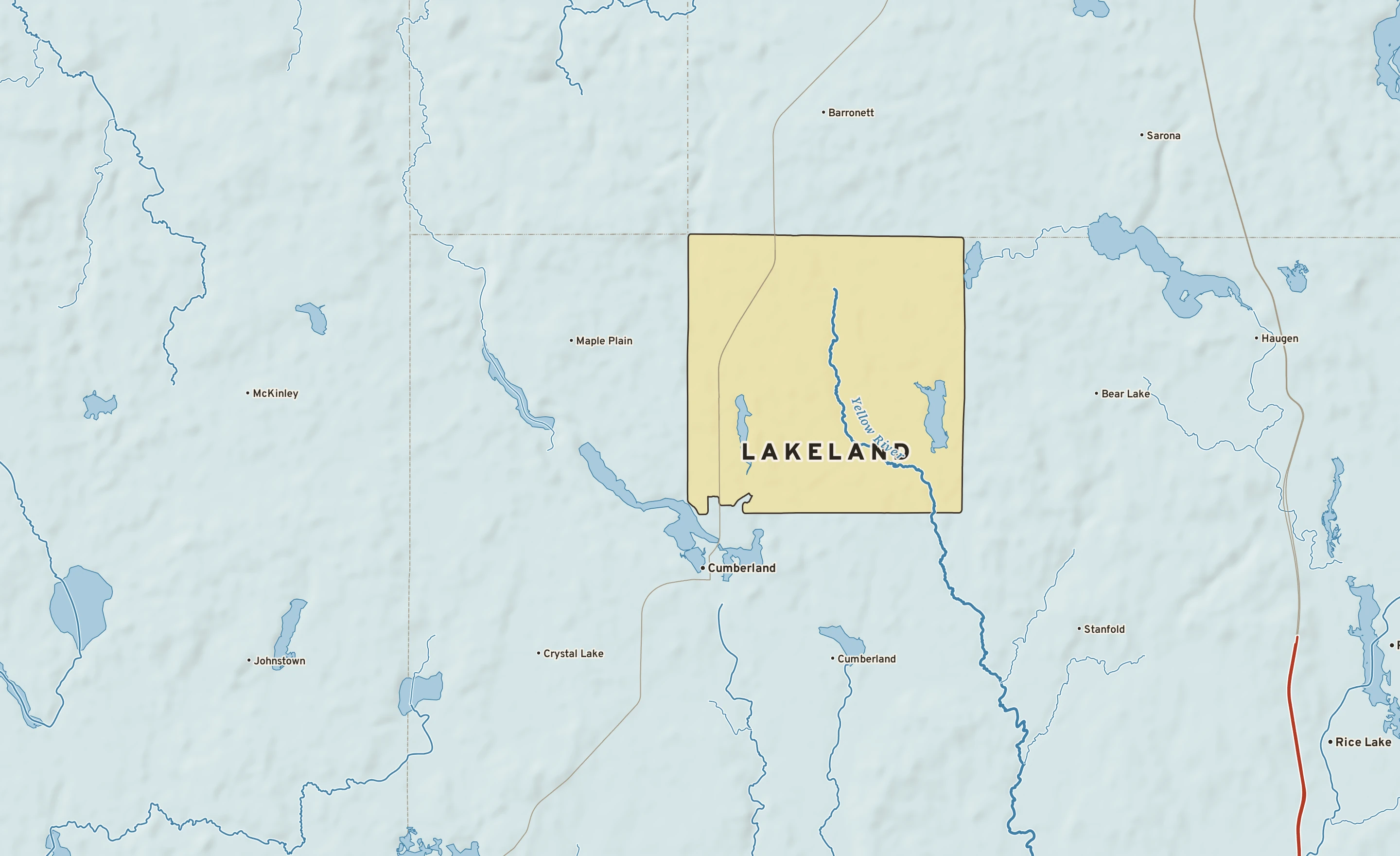 Shaded-relief atlas plate of Lakeland, Wisconsin: rivers, roads, the city limits and where the water drains.