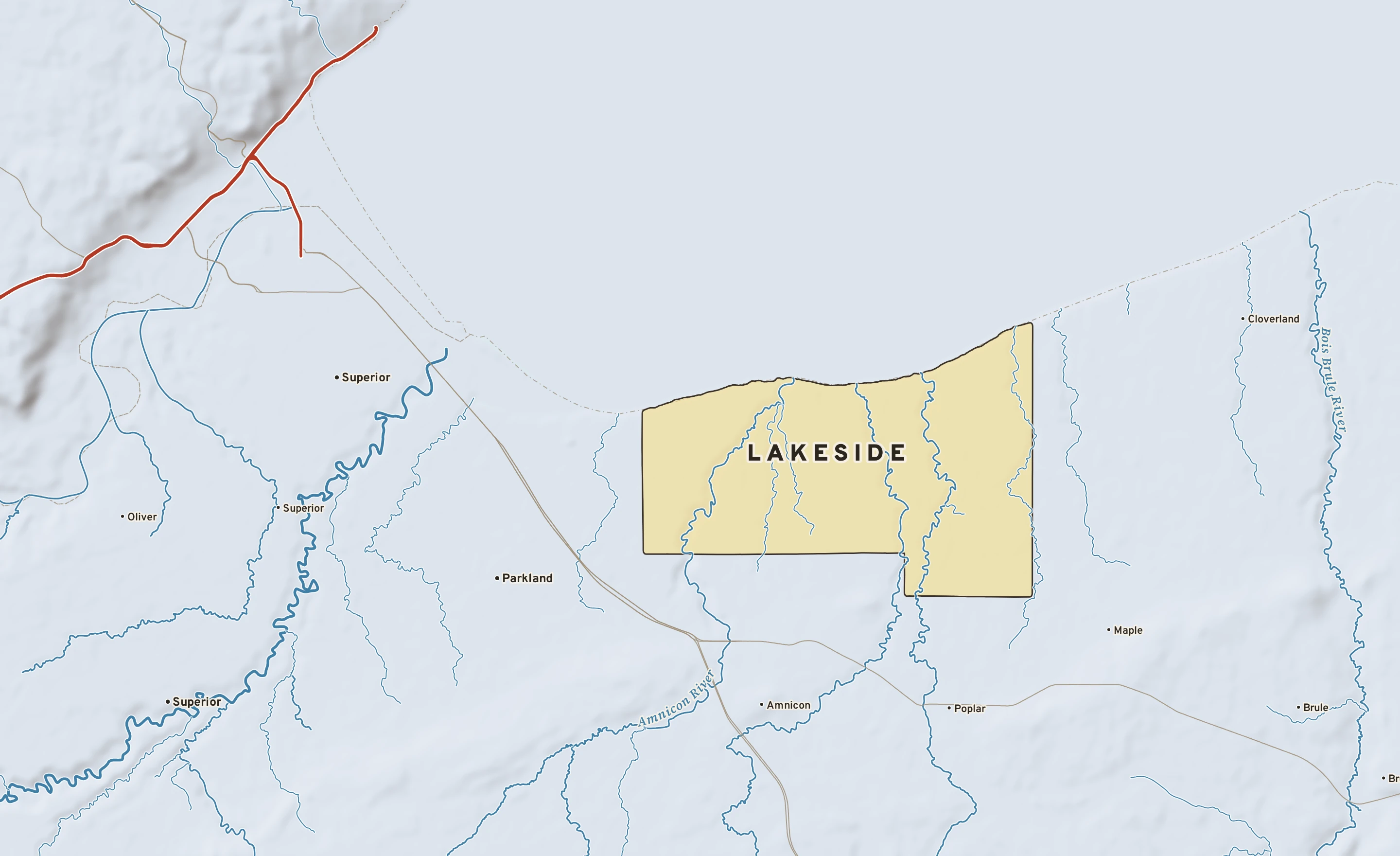 Shaded-relief atlas plate of Lakeside, Wisconsin: rivers, roads, the city limits and where the water drains.
