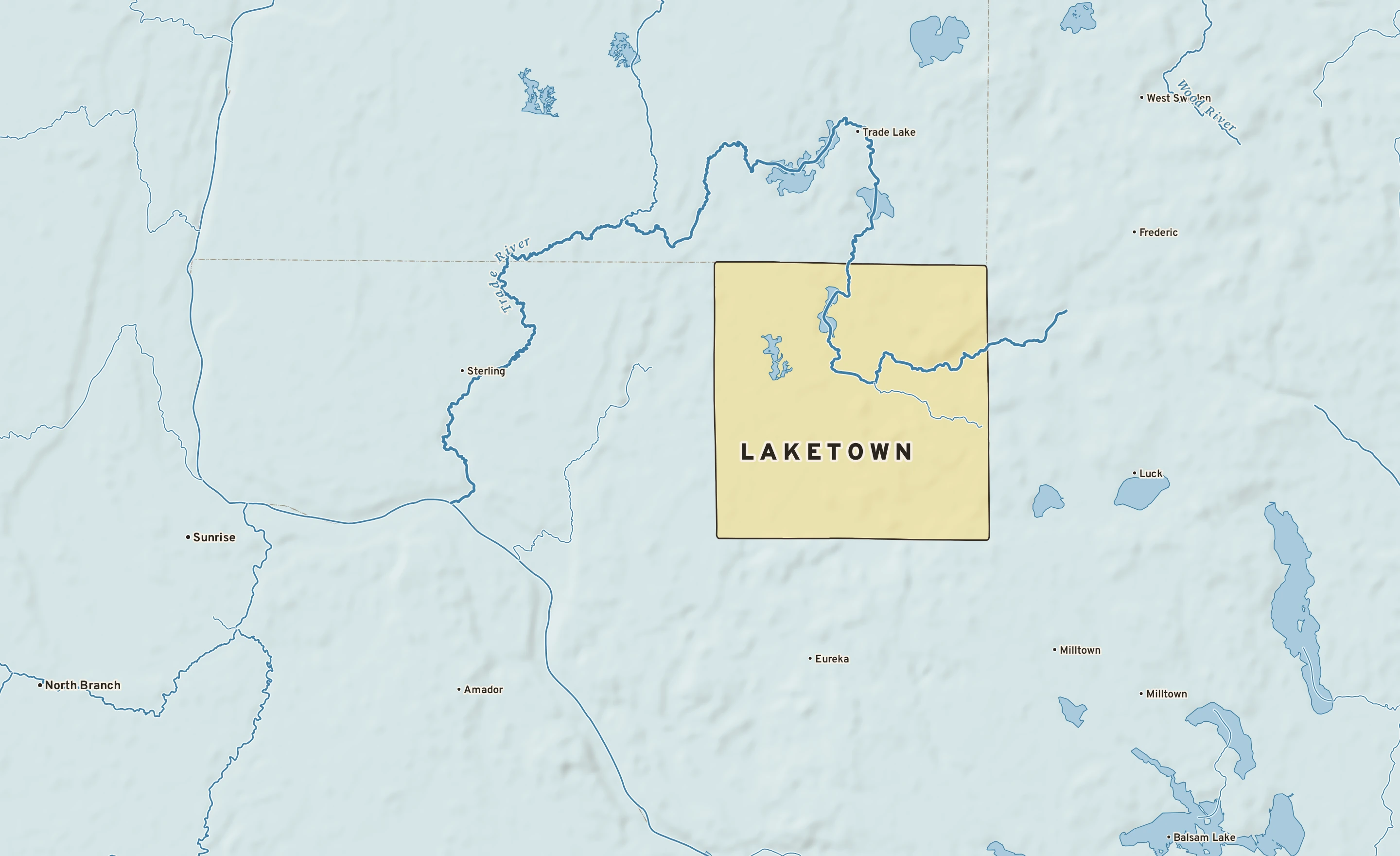 Shaded-relief atlas plate of Laketown, Wisconsin: rivers, roads, the city limits and where the water drains.