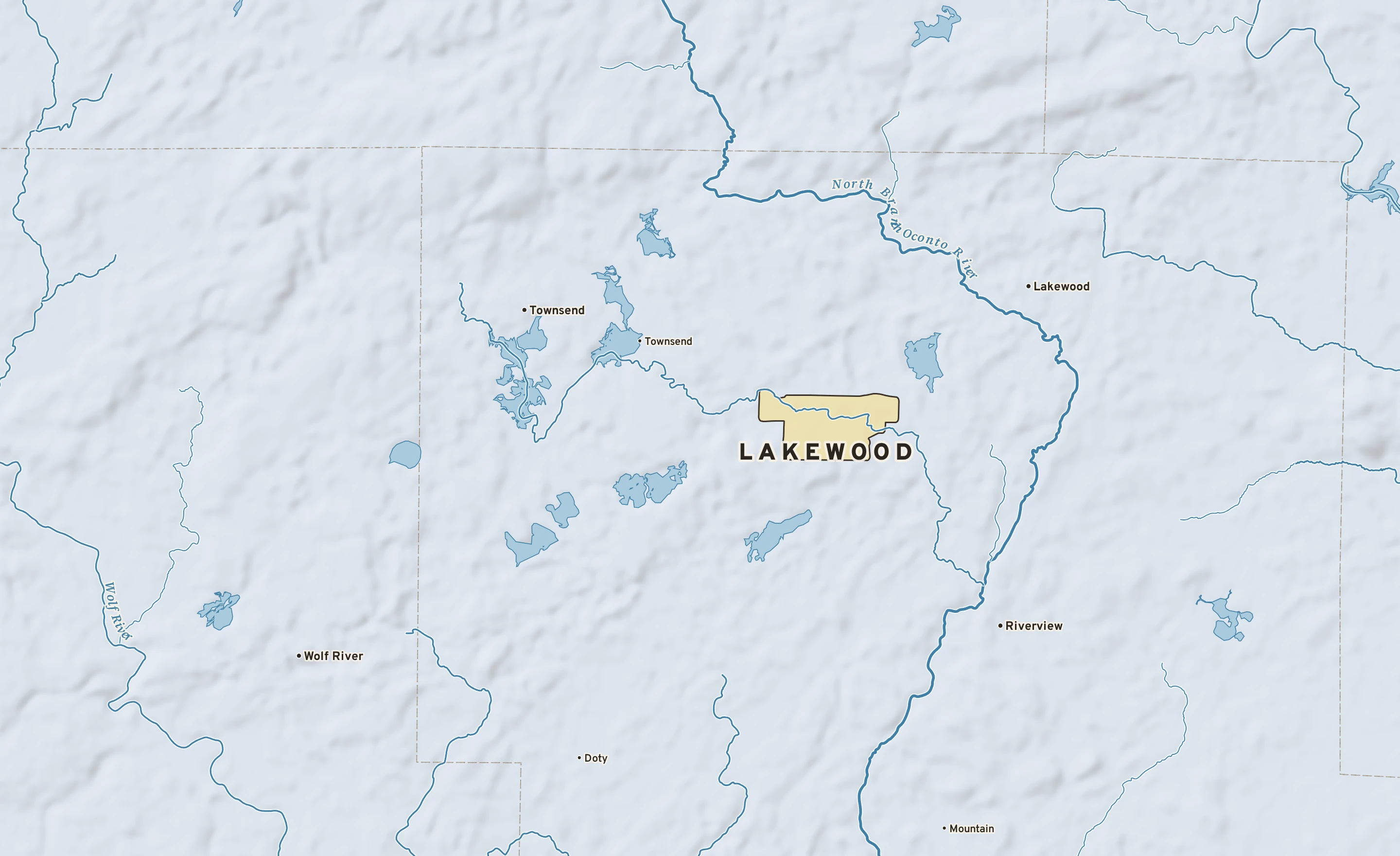 Shaded-relief atlas plate of Lakewood, Wisconsin: rivers, roads, the city limits and where the water drains.