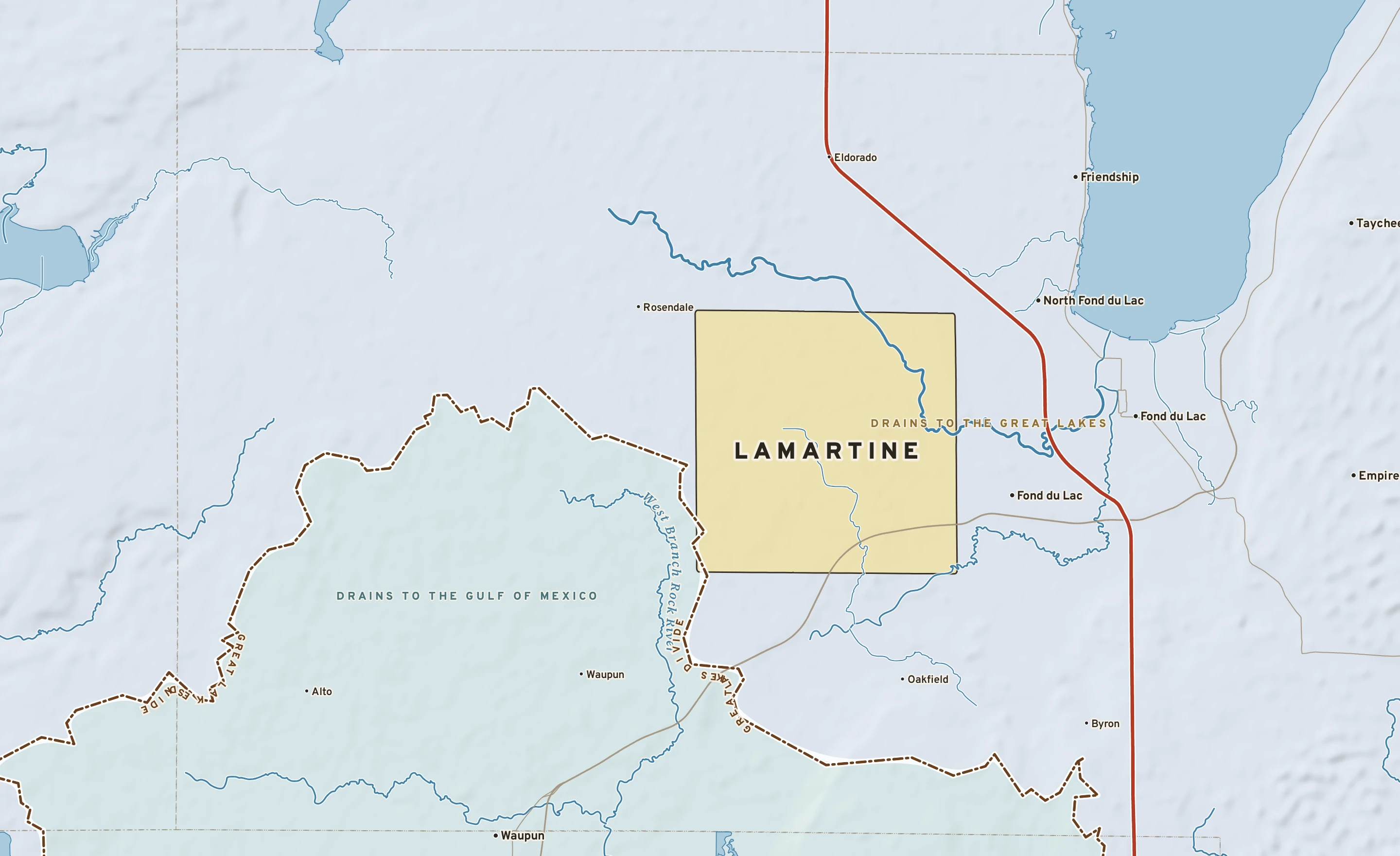 Shaded-relief atlas plate of Lamartine, Wisconsin: rivers, roads, the city limits and where the water drains.