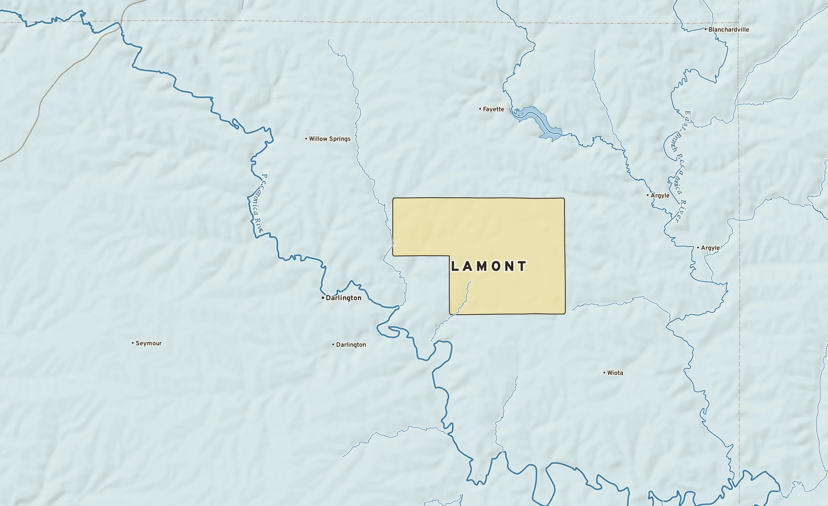 Shaded-relief atlas plate of Lamont, Wisconsin: rivers, roads, the city limits and where the water drains.