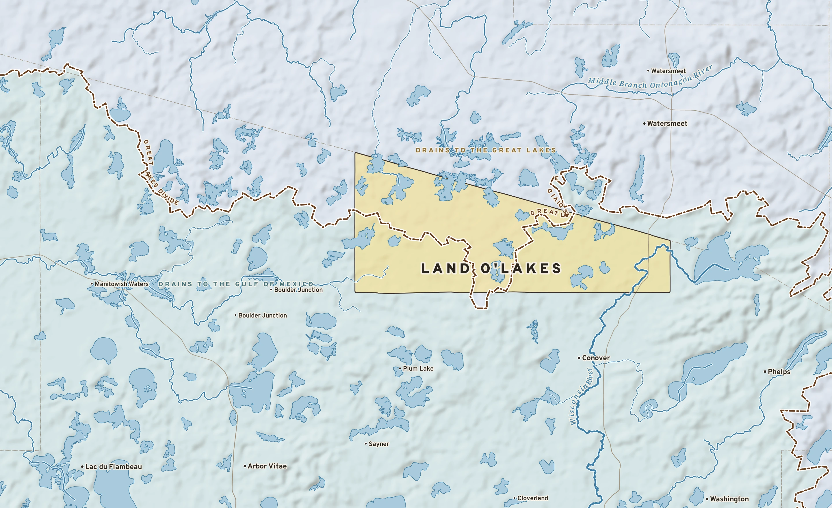Shaded-relief atlas plate of Land O'Lakes, Wisconsin: rivers, roads, the city limits and where the water drains.