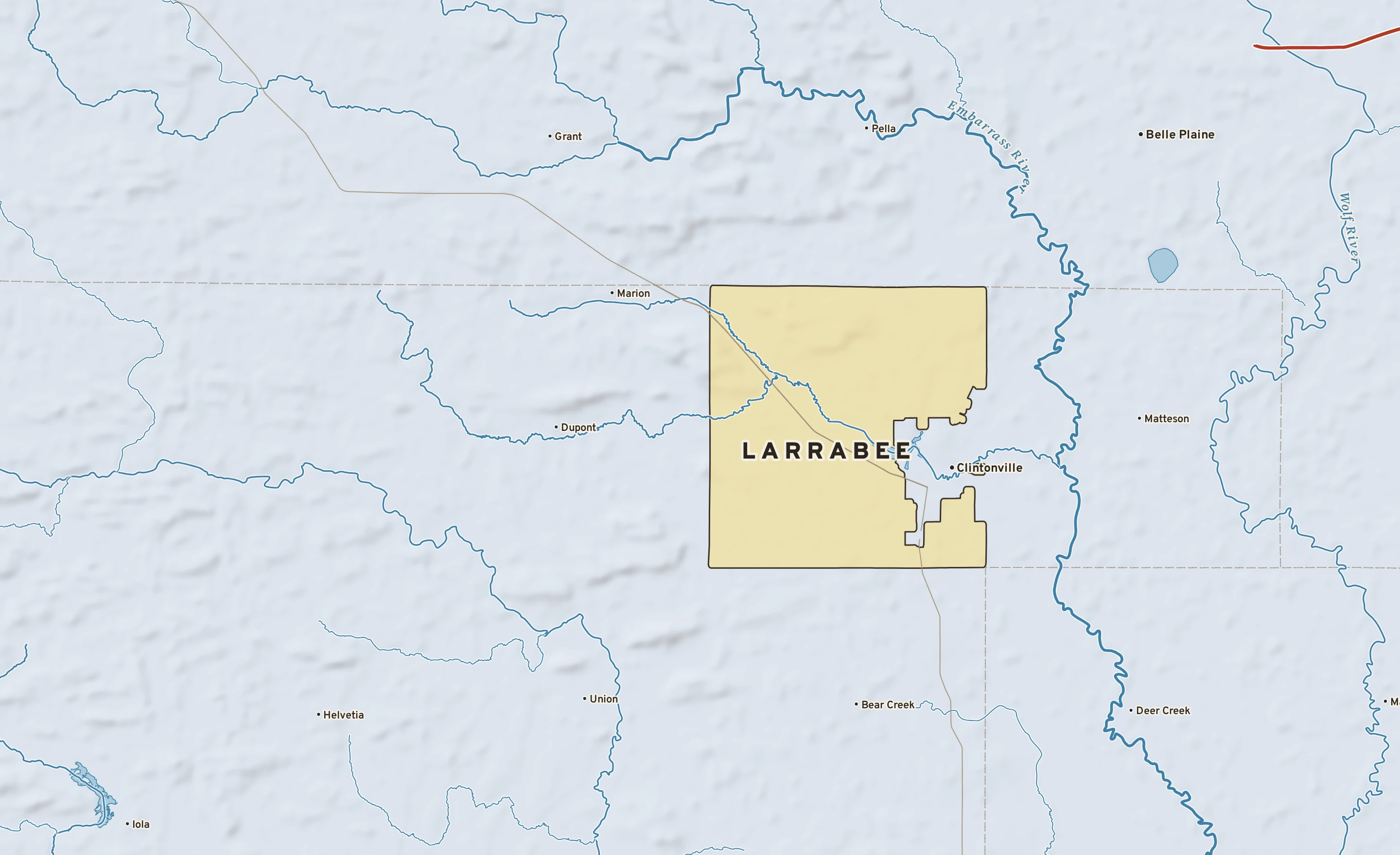 Shaded-relief atlas plate of Larrabee, Wisconsin: rivers, roads, the city limits and where the water drains.