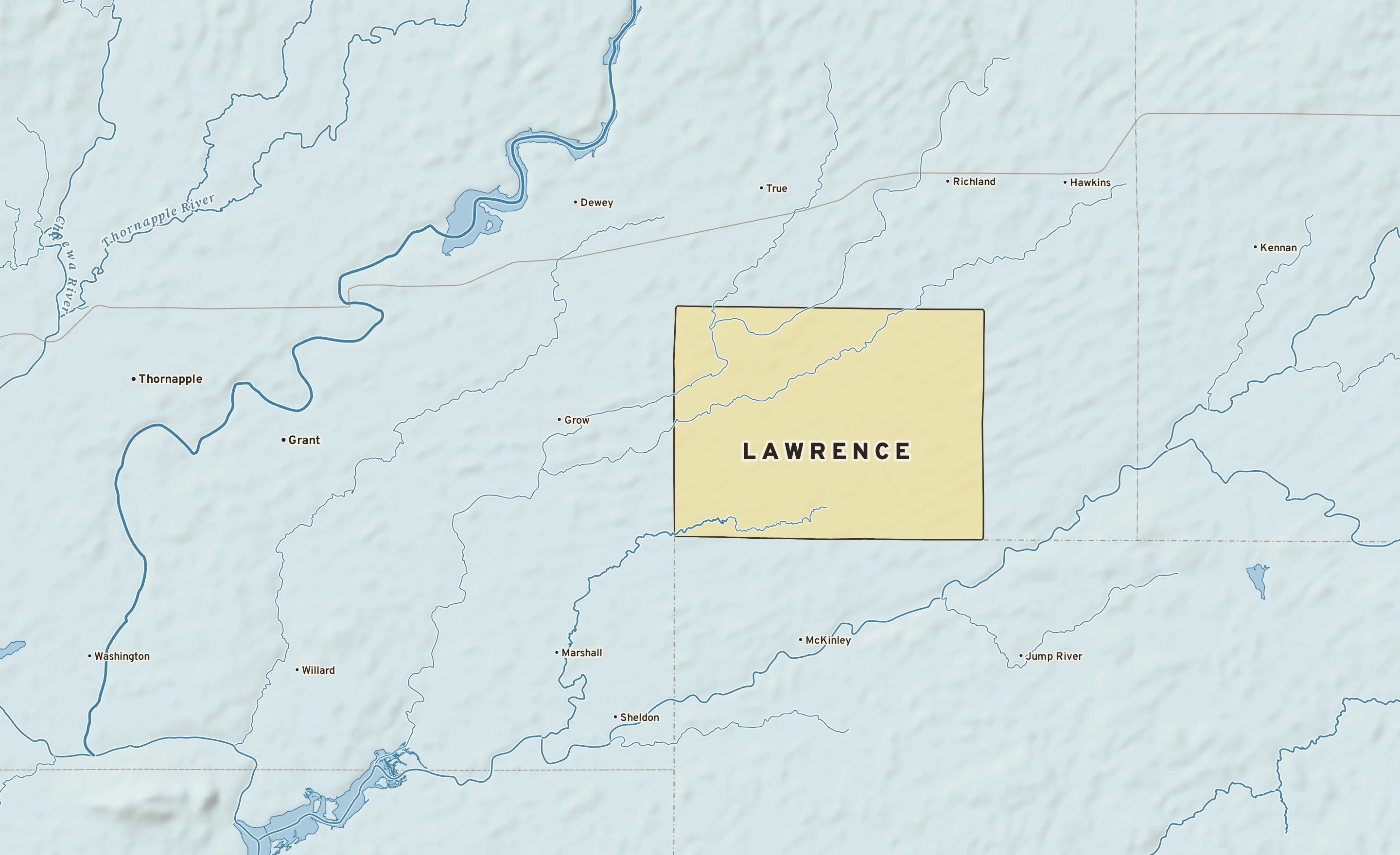 Shaded-relief atlas plate of Lawrence, Wisconsin: rivers, roads, the city limits and where the water drains.