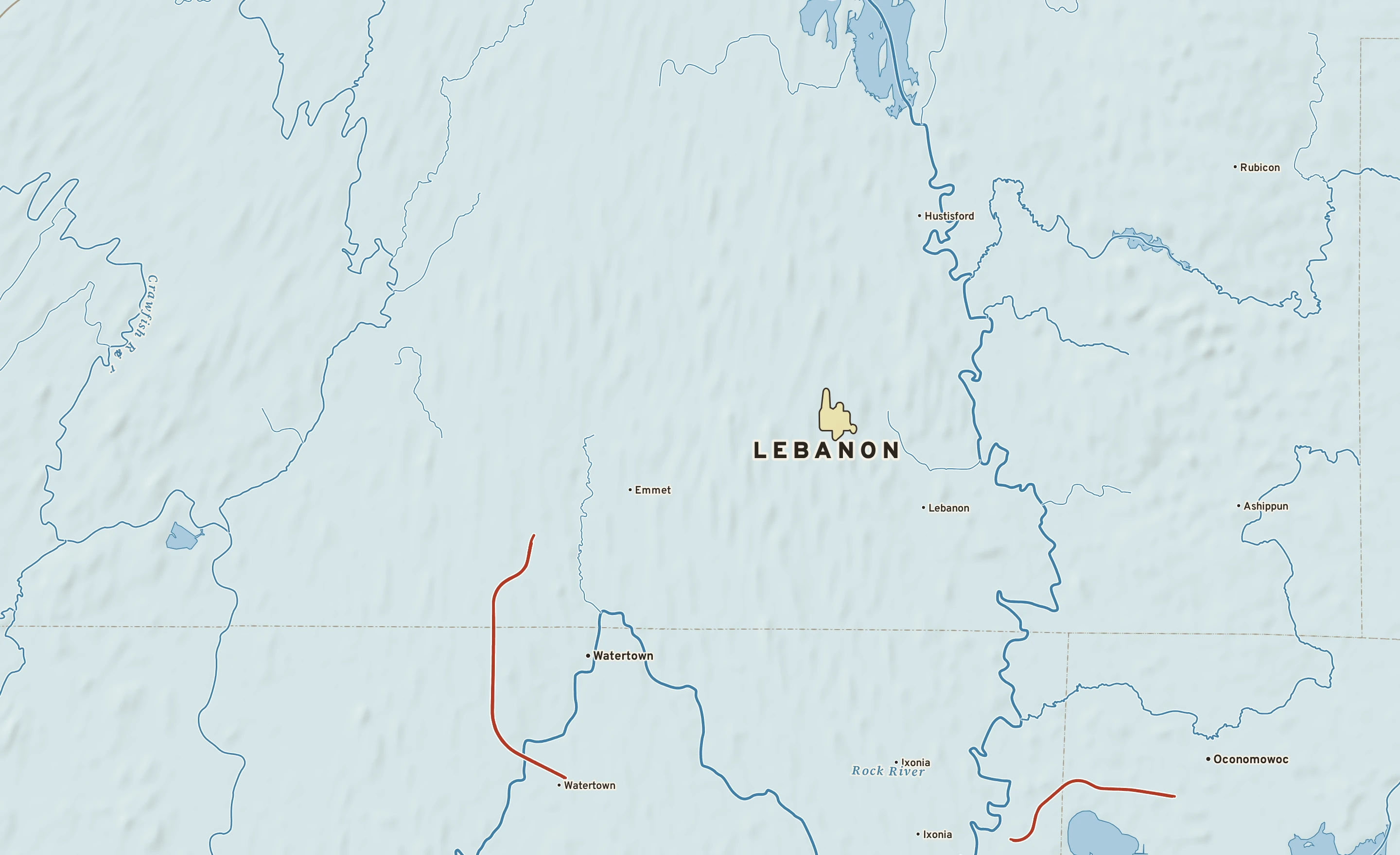 Shaded-relief atlas plate of Lebanon, Wisconsin: rivers, roads, the city limits and where the water drains.