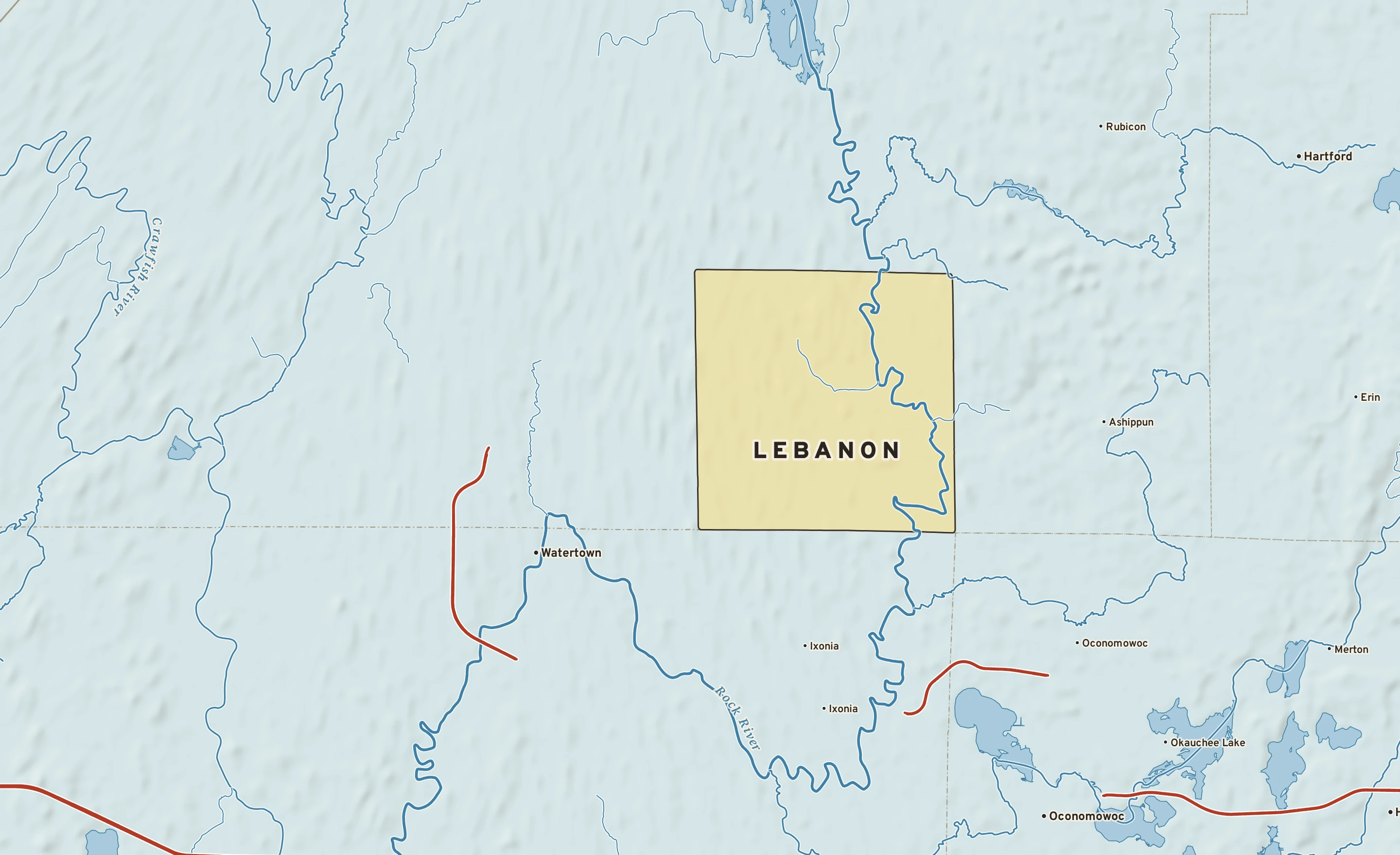 Shaded-relief atlas plate of Lebanon, Wisconsin: rivers, roads, the city limits and where the water drains.