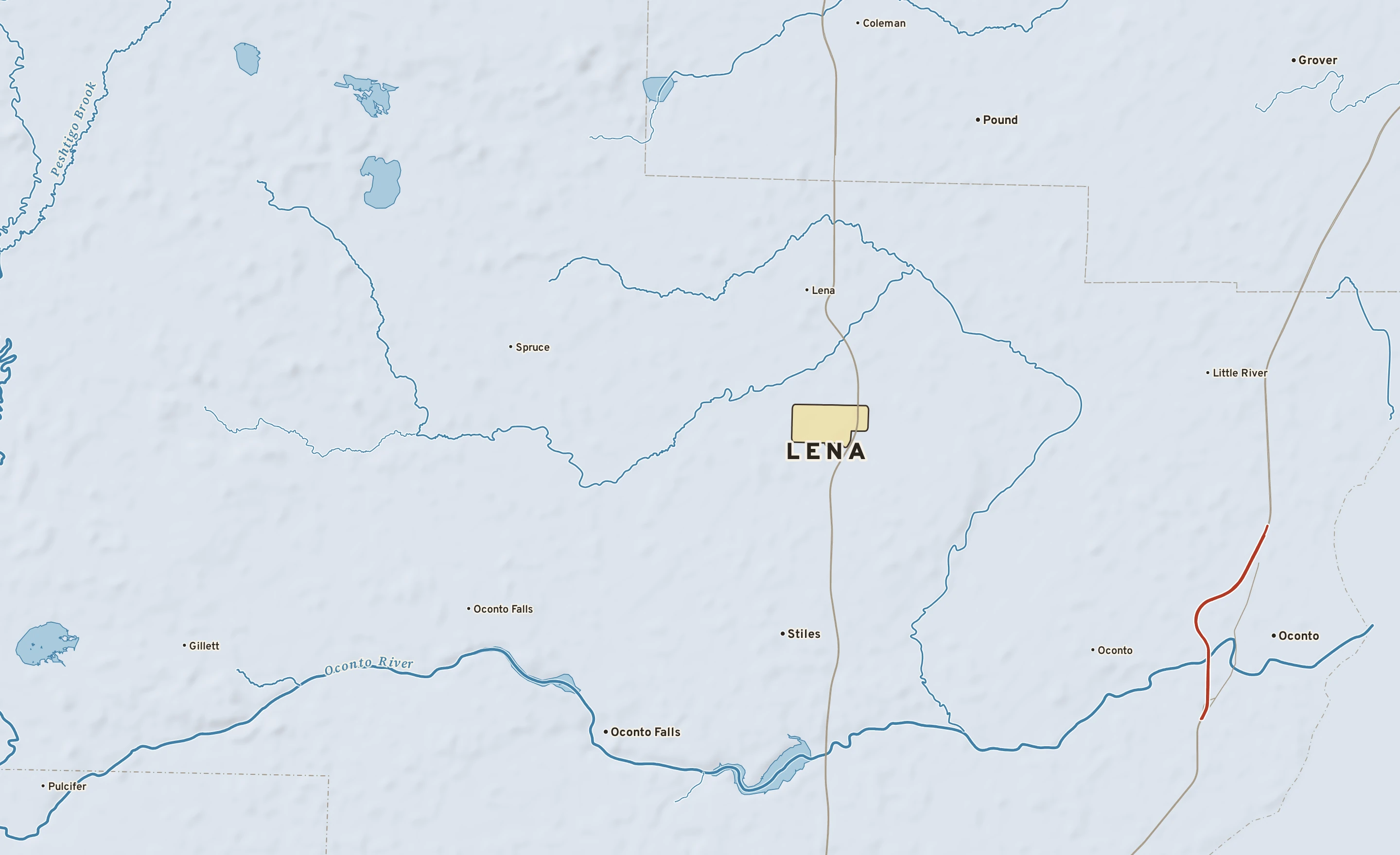 Shaded-relief atlas plate of Lena, Wisconsin: rivers, roads, the city limits and where the water drains.
