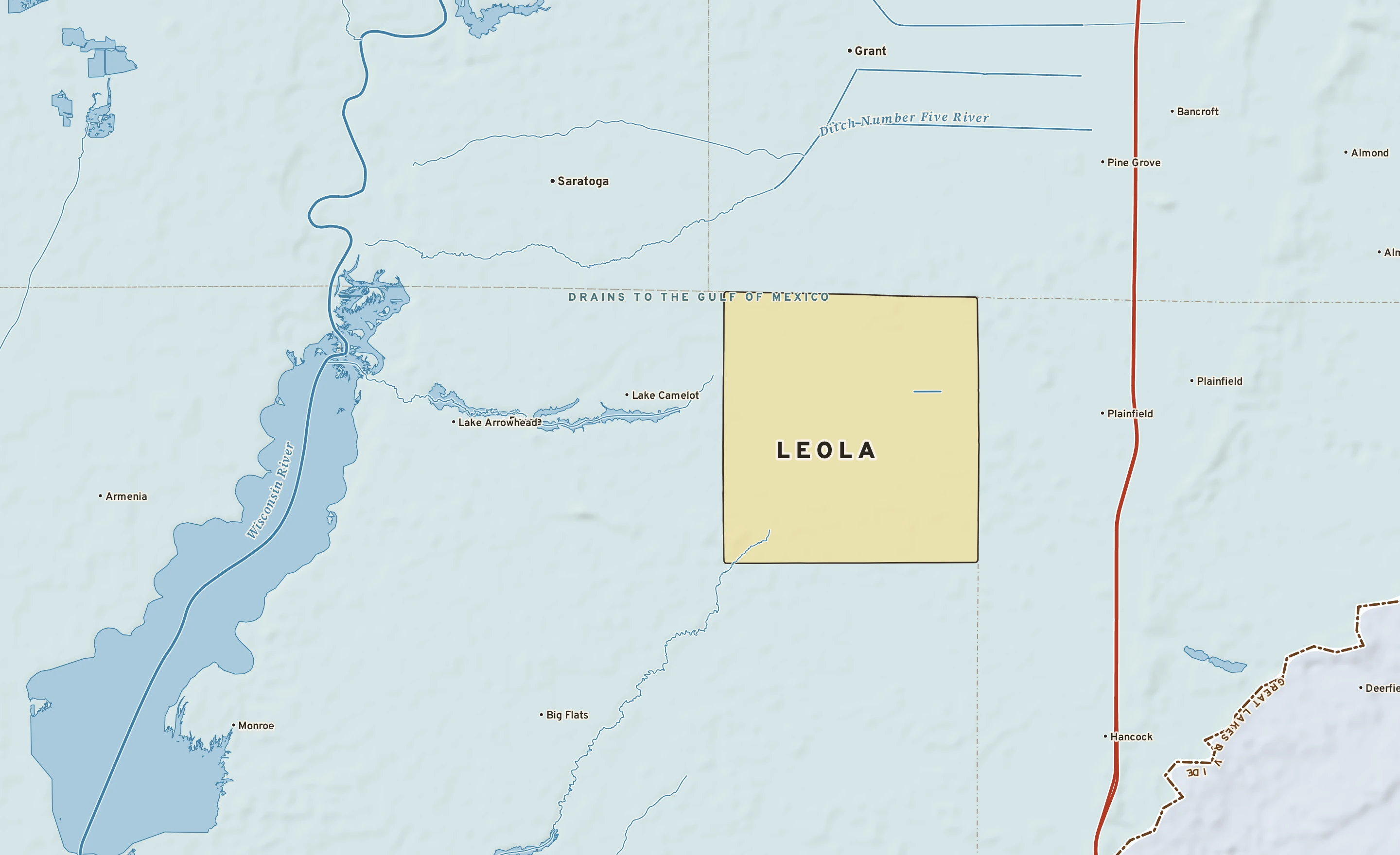 Shaded-relief atlas plate of Leola, Wisconsin: rivers, roads, the city limits and where the water drains.