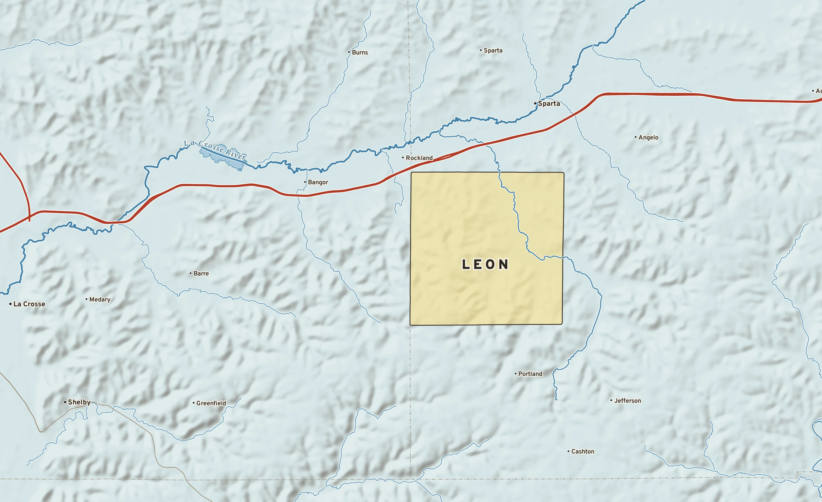 Shaded-relief atlas plate of Leon, Wisconsin: rivers, roads, the city limits and where the water drains.