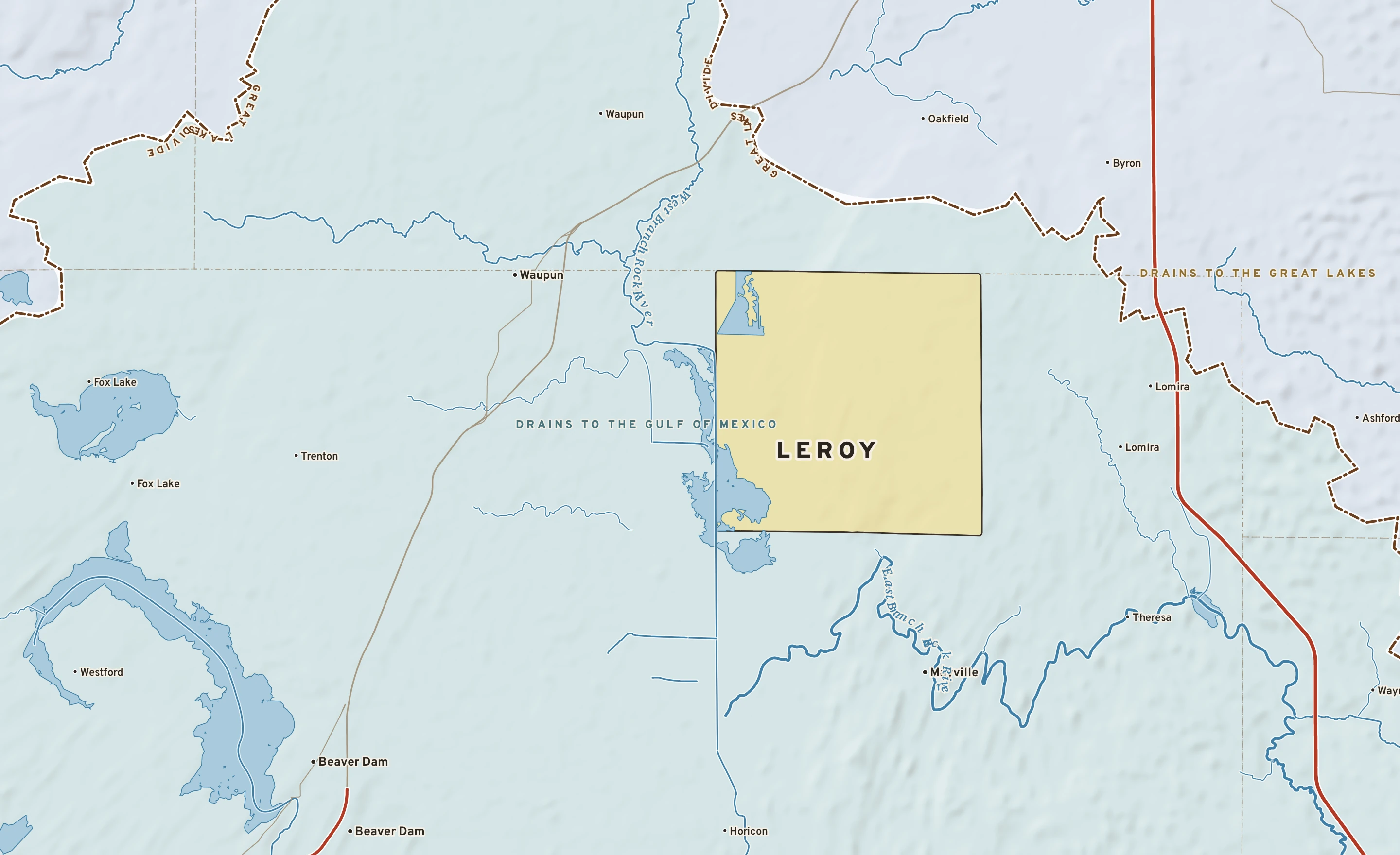 Shaded-relief atlas plate of Leroy, Wisconsin: rivers, roads, the city limits and where the water drains.