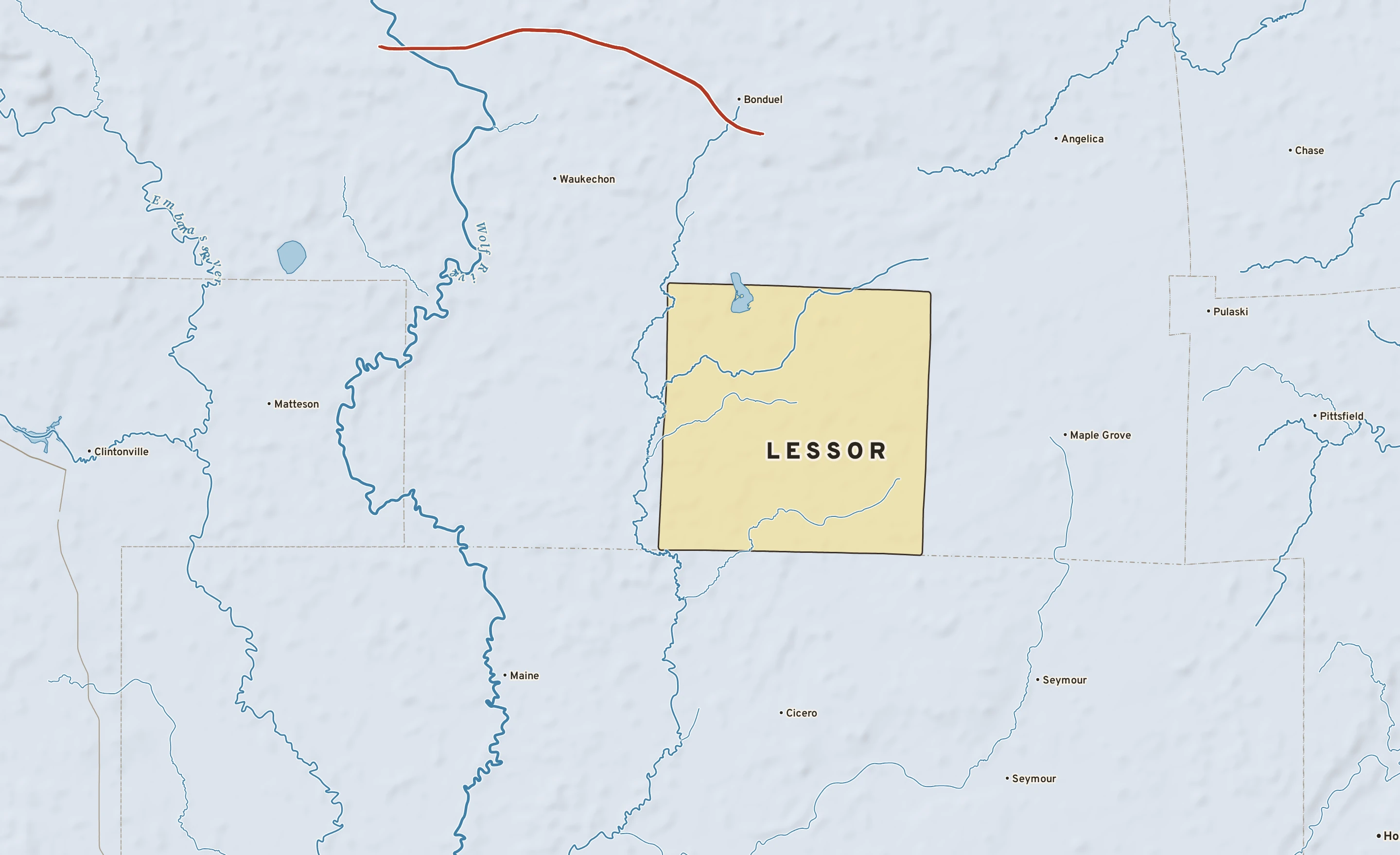 Shaded-relief atlas plate of Lessor, Wisconsin: rivers, roads, the city limits and where the water drains.