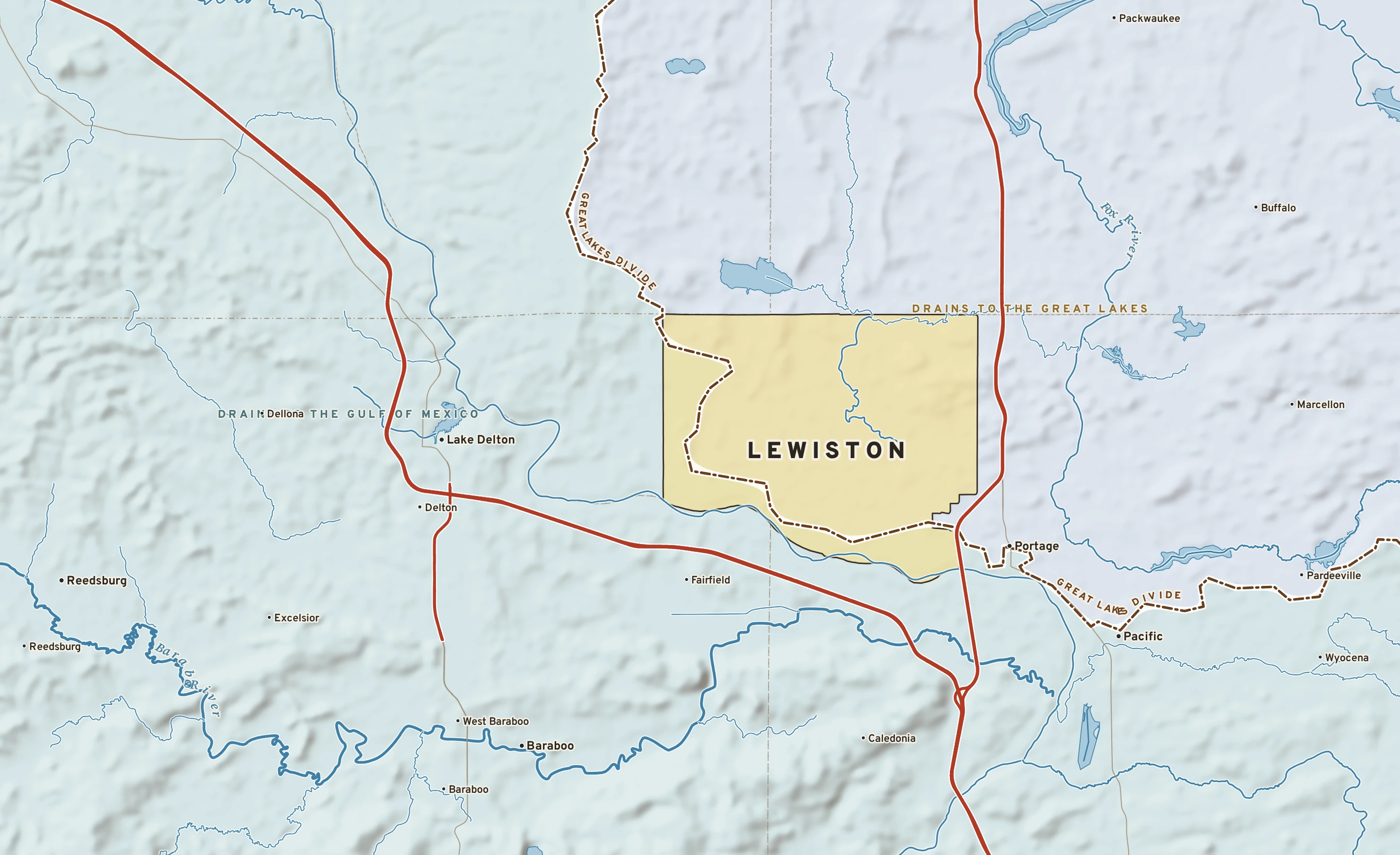 Shaded-relief atlas plate of Lewiston, Wisconsin: rivers, roads, the city limits and where the water drains.