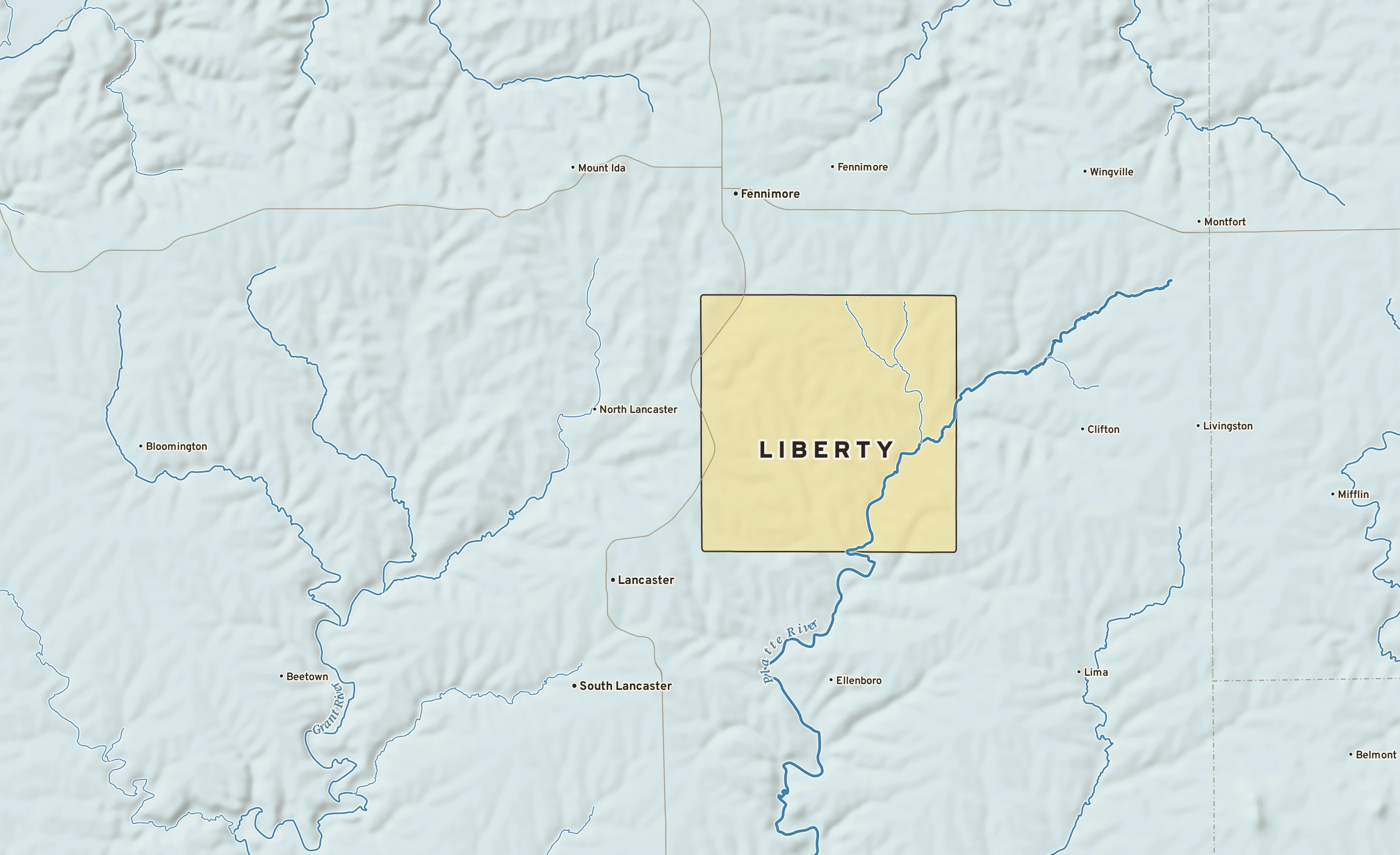 Shaded-relief atlas plate of Liberty, Wisconsin: rivers, roads, the city limits and where the water drains.