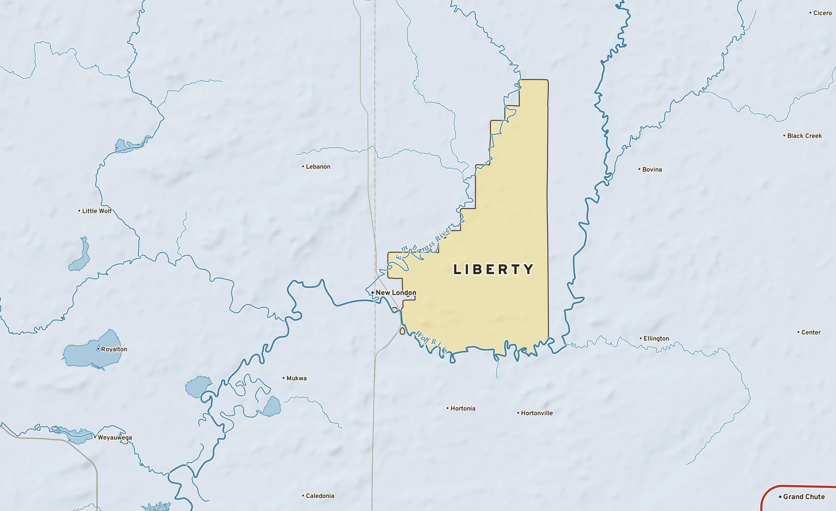 Shaded-relief atlas plate of Liberty, Wisconsin: rivers, roads, the city limits and where the water drains.