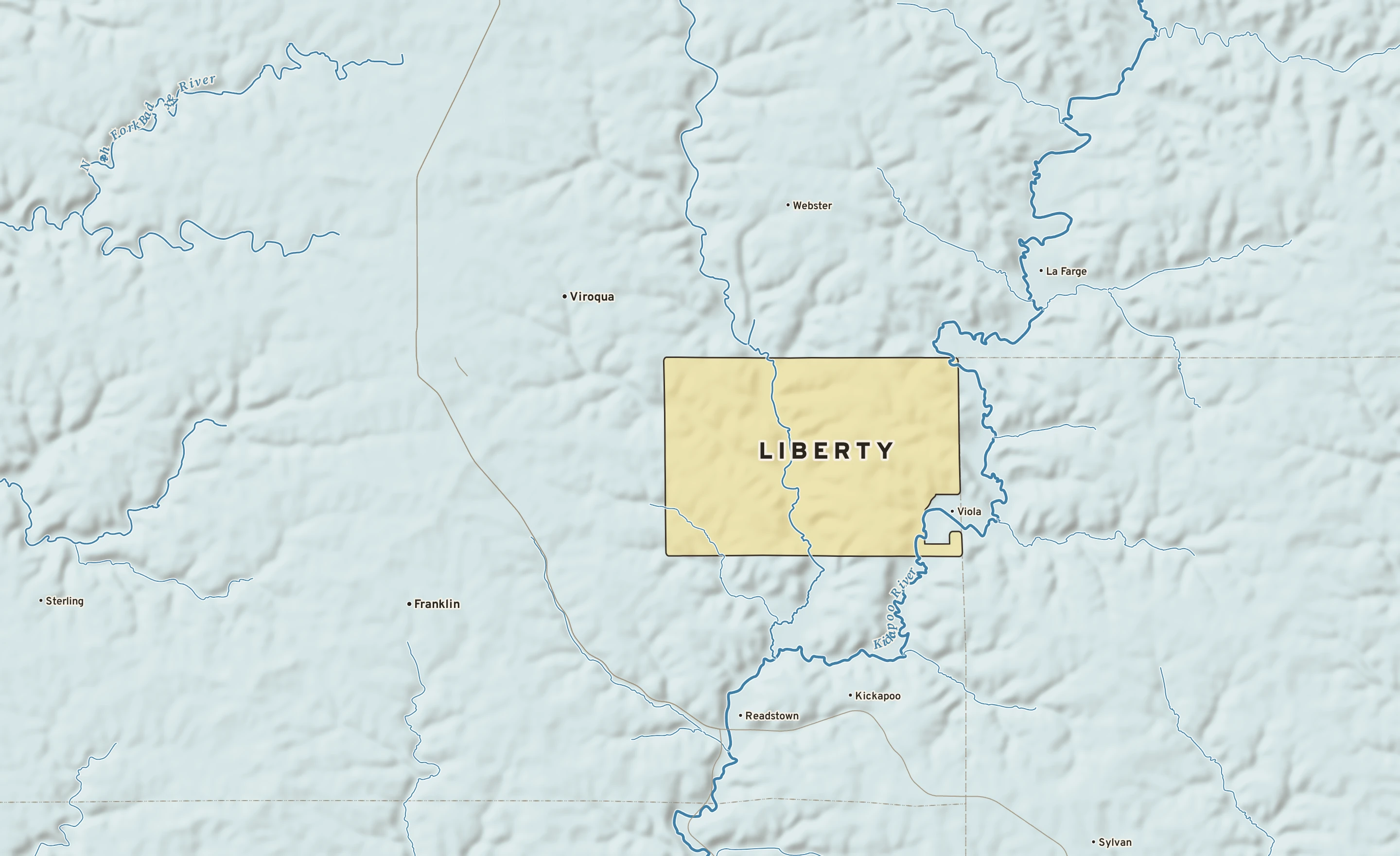 Shaded-relief atlas plate of Liberty, Wisconsin: rivers, roads, the city limits and where the water drains.