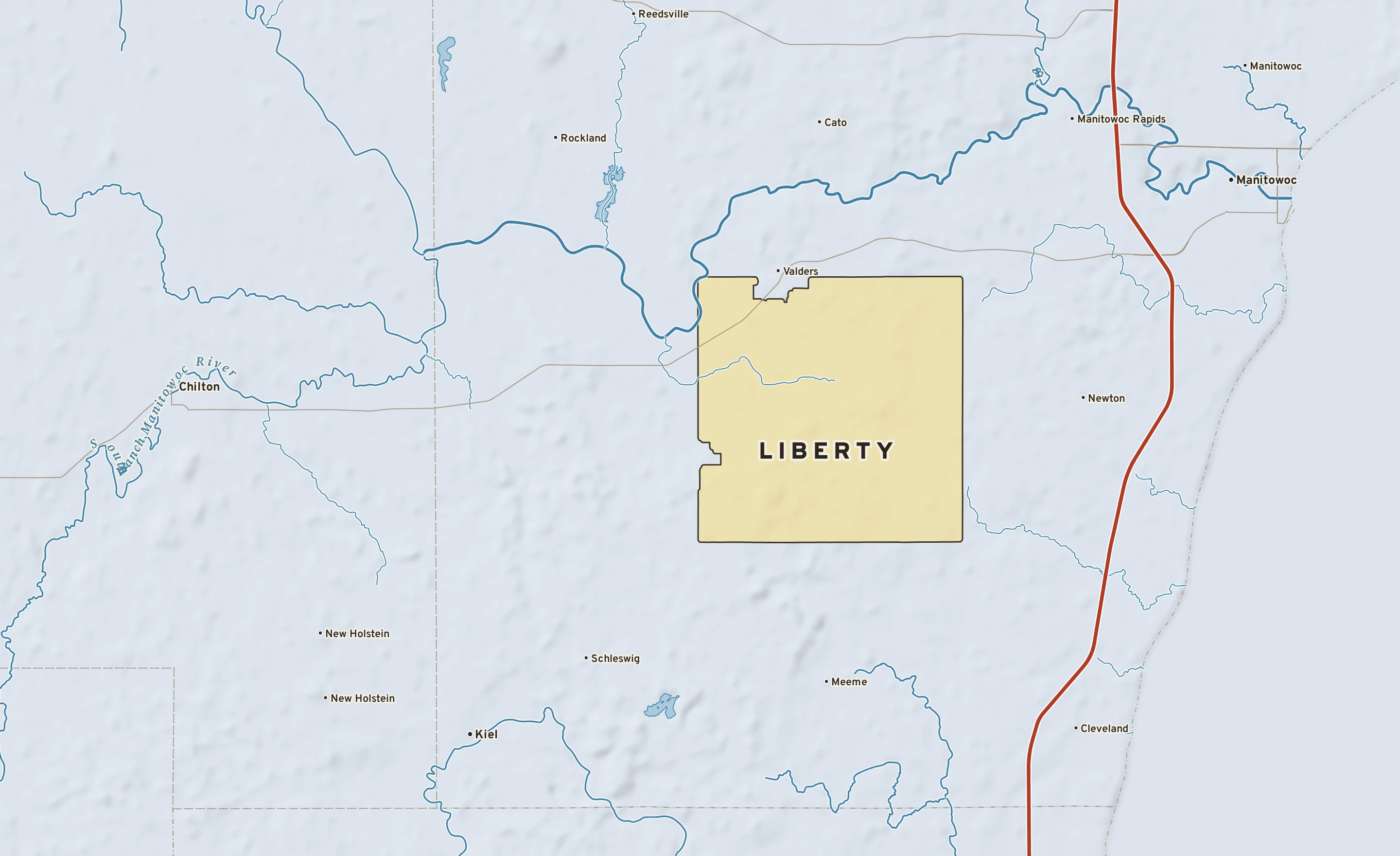 Shaded-relief atlas plate of Liberty, Wisconsin: rivers, roads, the city limits and where the water drains.