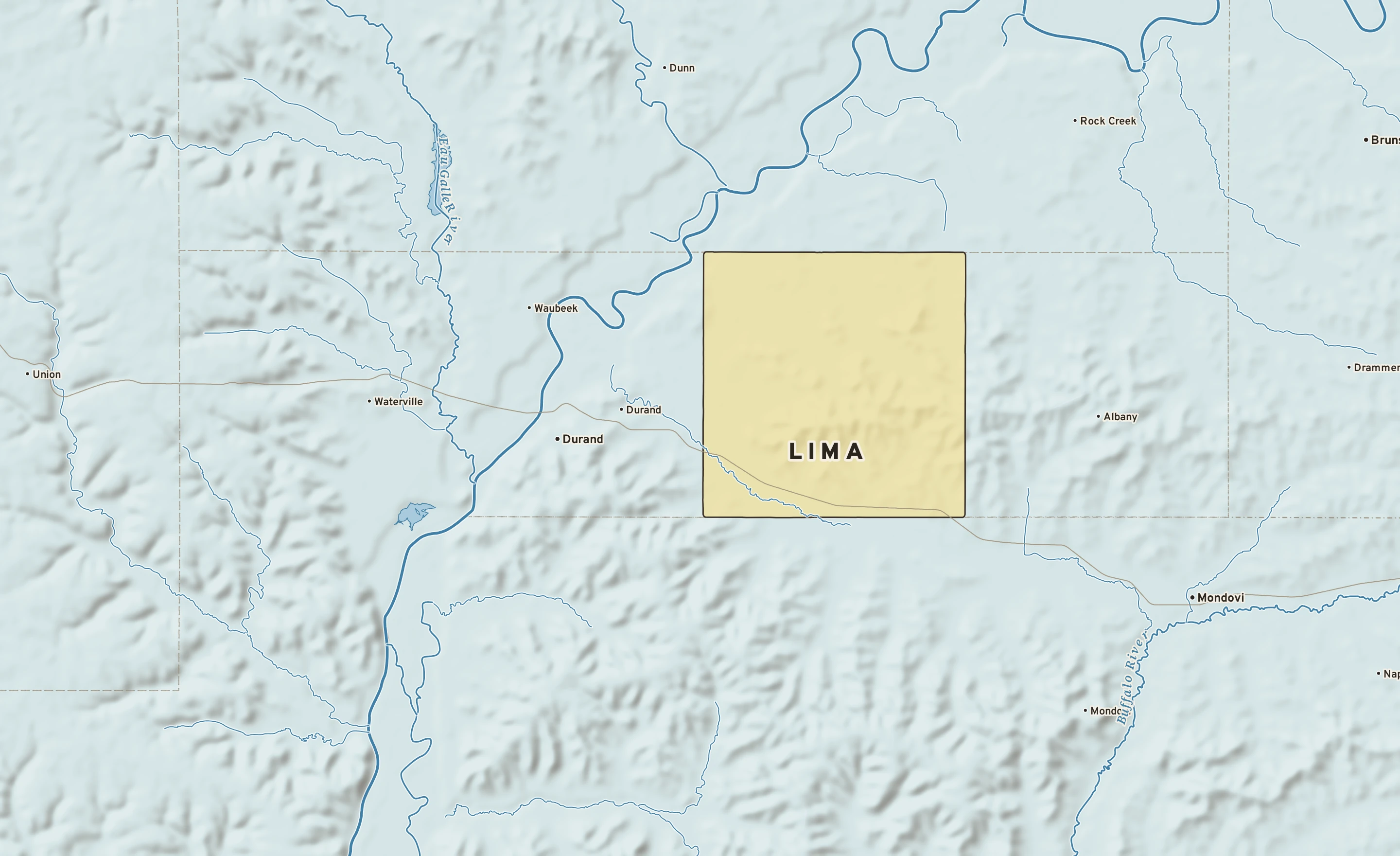 Shaded-relief atlas plate of Lima, Wisconsin: rivers, roads, the city limits and where the water drains.