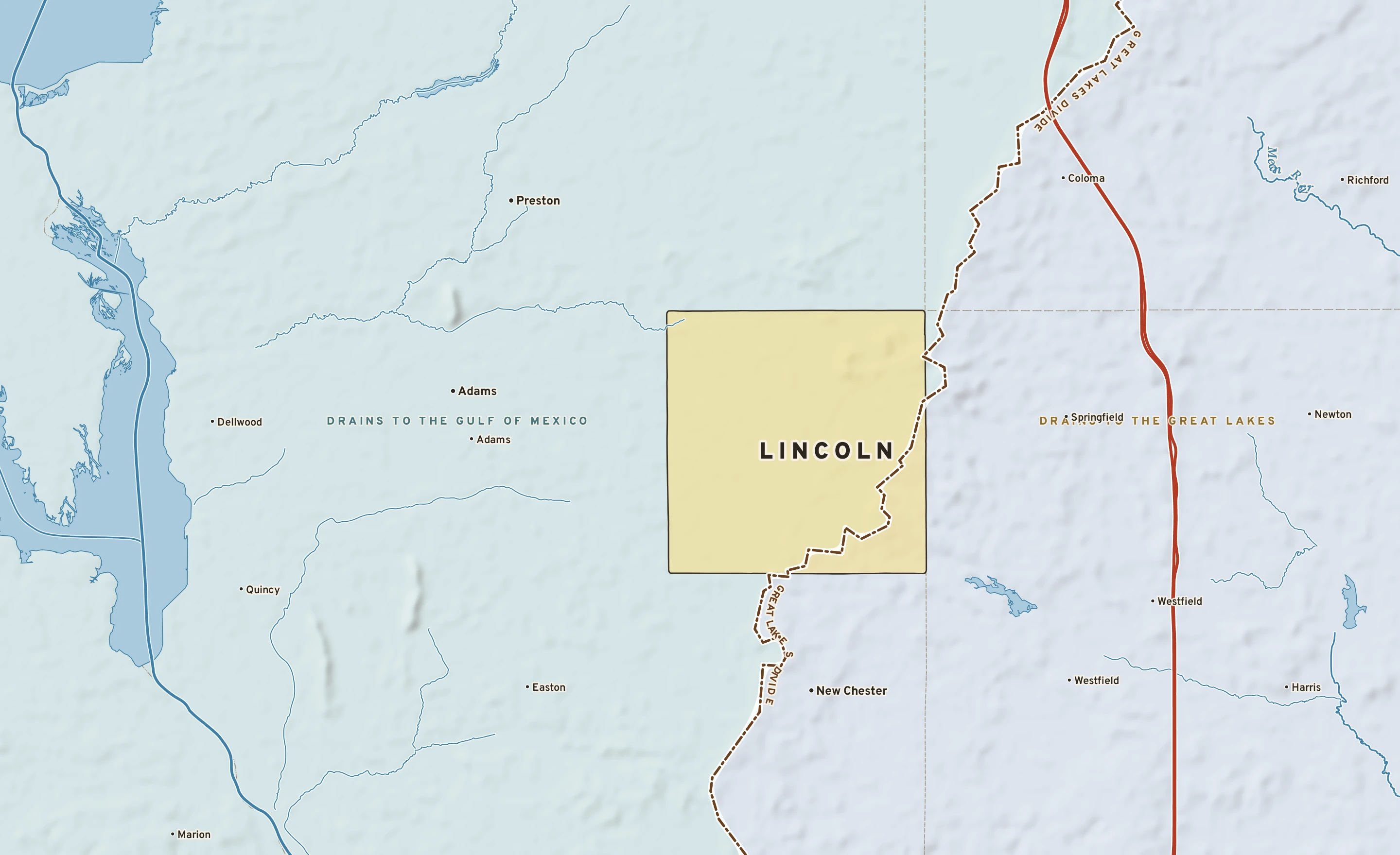 Shaded-relief atlas plate of Lincoln, Wisconsin: rivers, roads, the city limits and where the water drains.