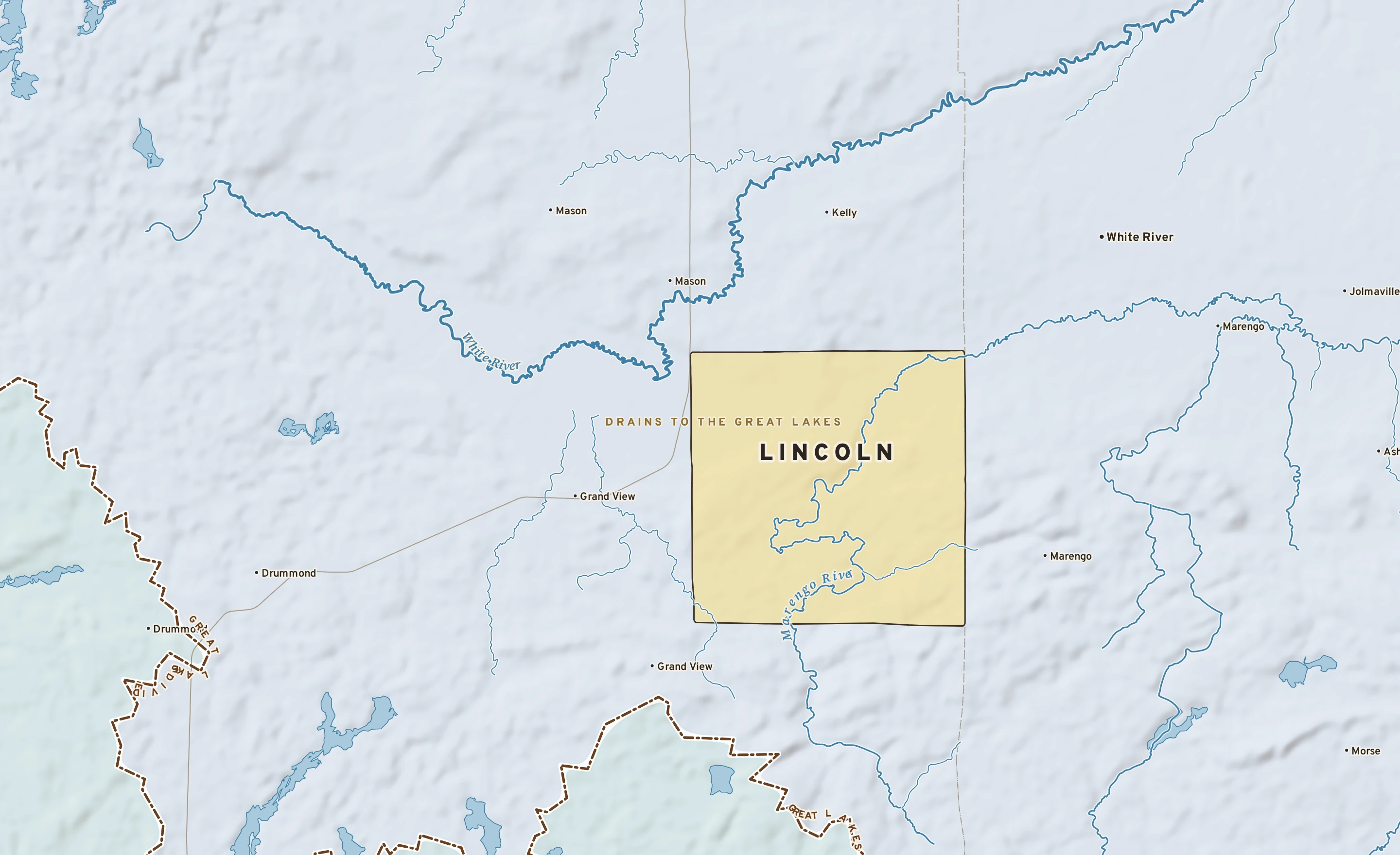 Shaded-relief atlas plate of Lincoln, Wisconsin: rivers, roads, the city limits and where the water drains.