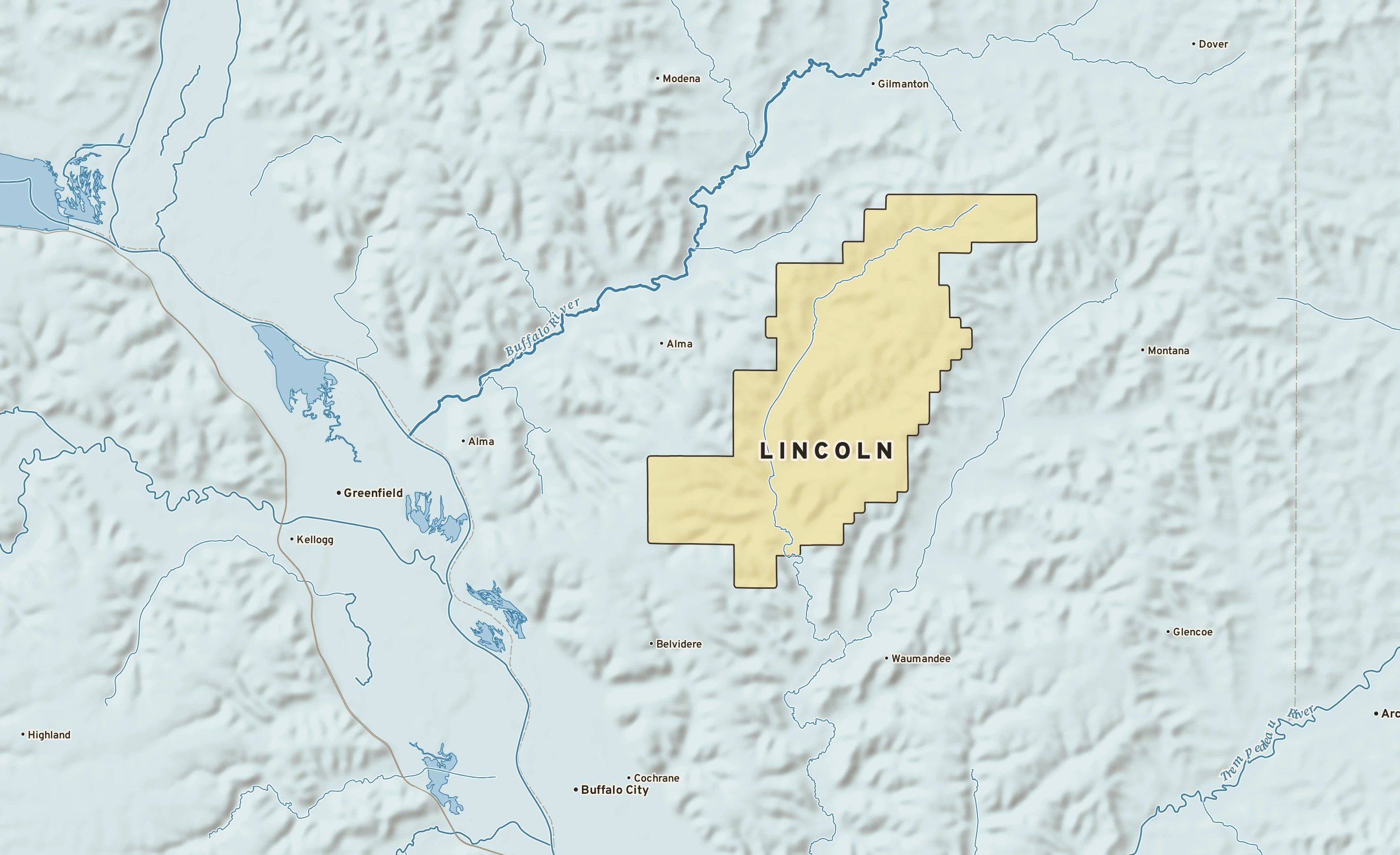 Shaded-relief atlas plate of Lincoln, Wisconsin: rivers, roads, the city limits and where the water drains.