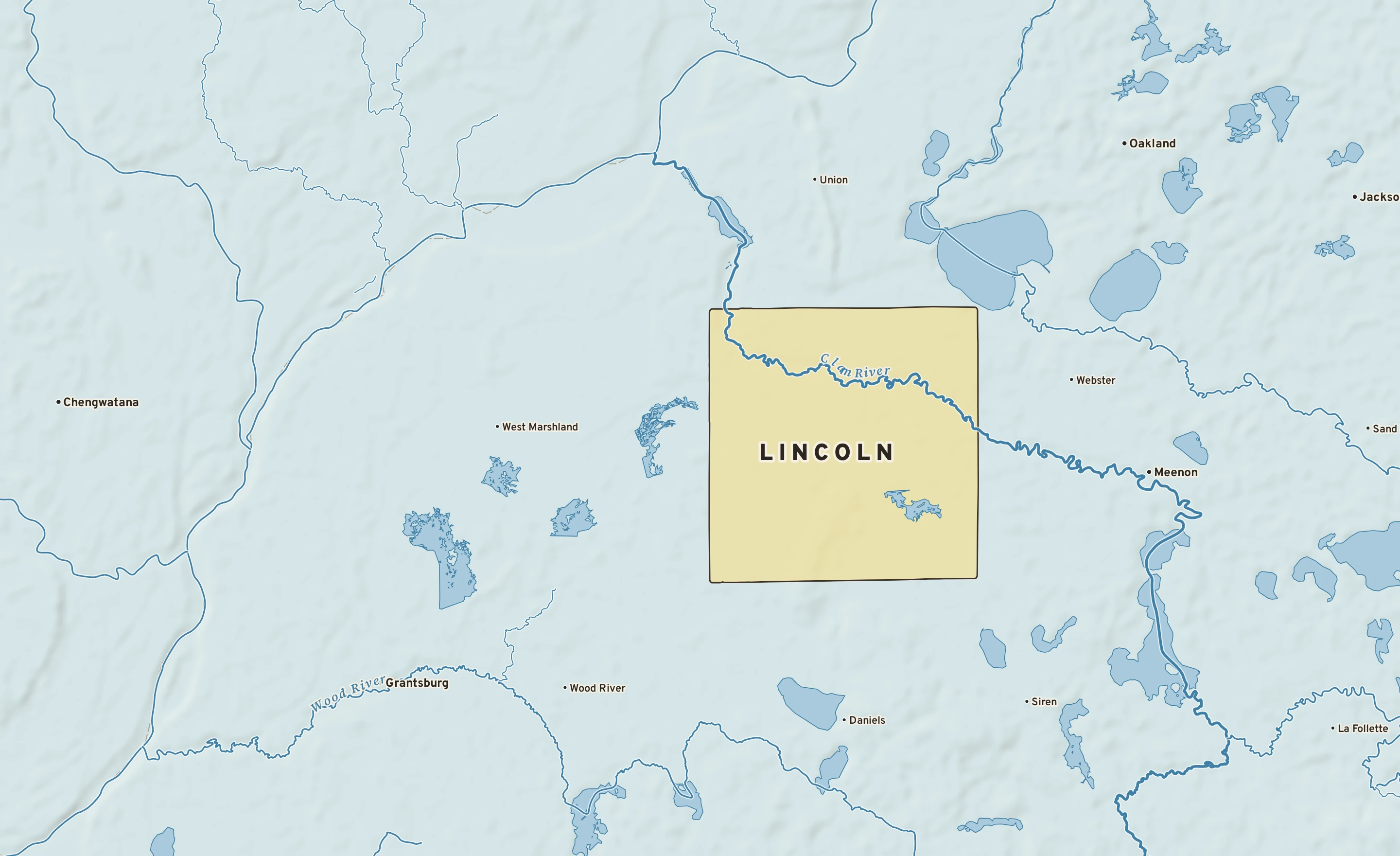 Shaded-relief atlas plate of Lincoln, Wisconsin: rivers, roads, the city limits and where the water drains.