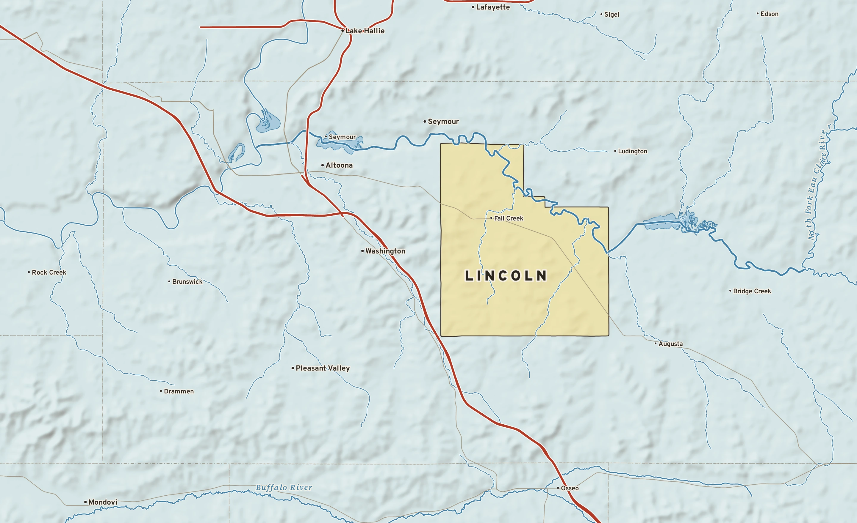 Shaded-relief atlas plate of Lincoln, Wisconsin: rivers, roads, the city limits and where the water drains.