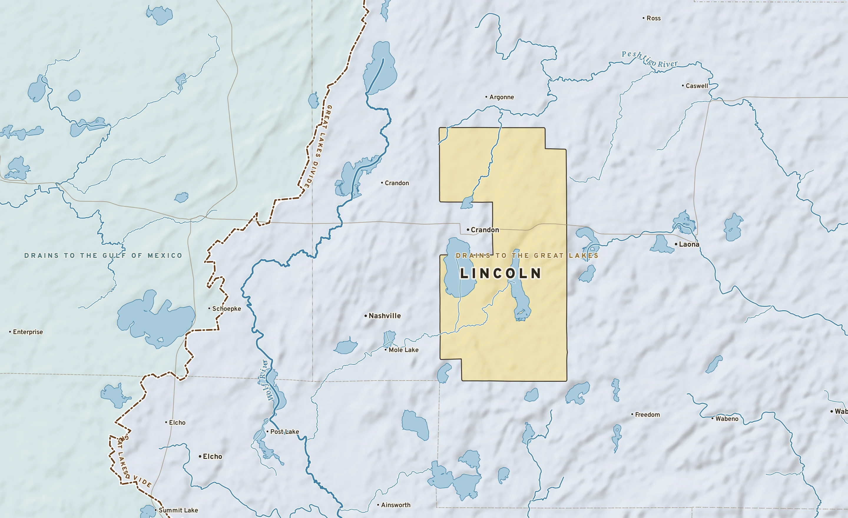 Shaded-relief atlas plate of Lincoln, Wisconsin: rivers, roads, the city limits and where the water drains.
