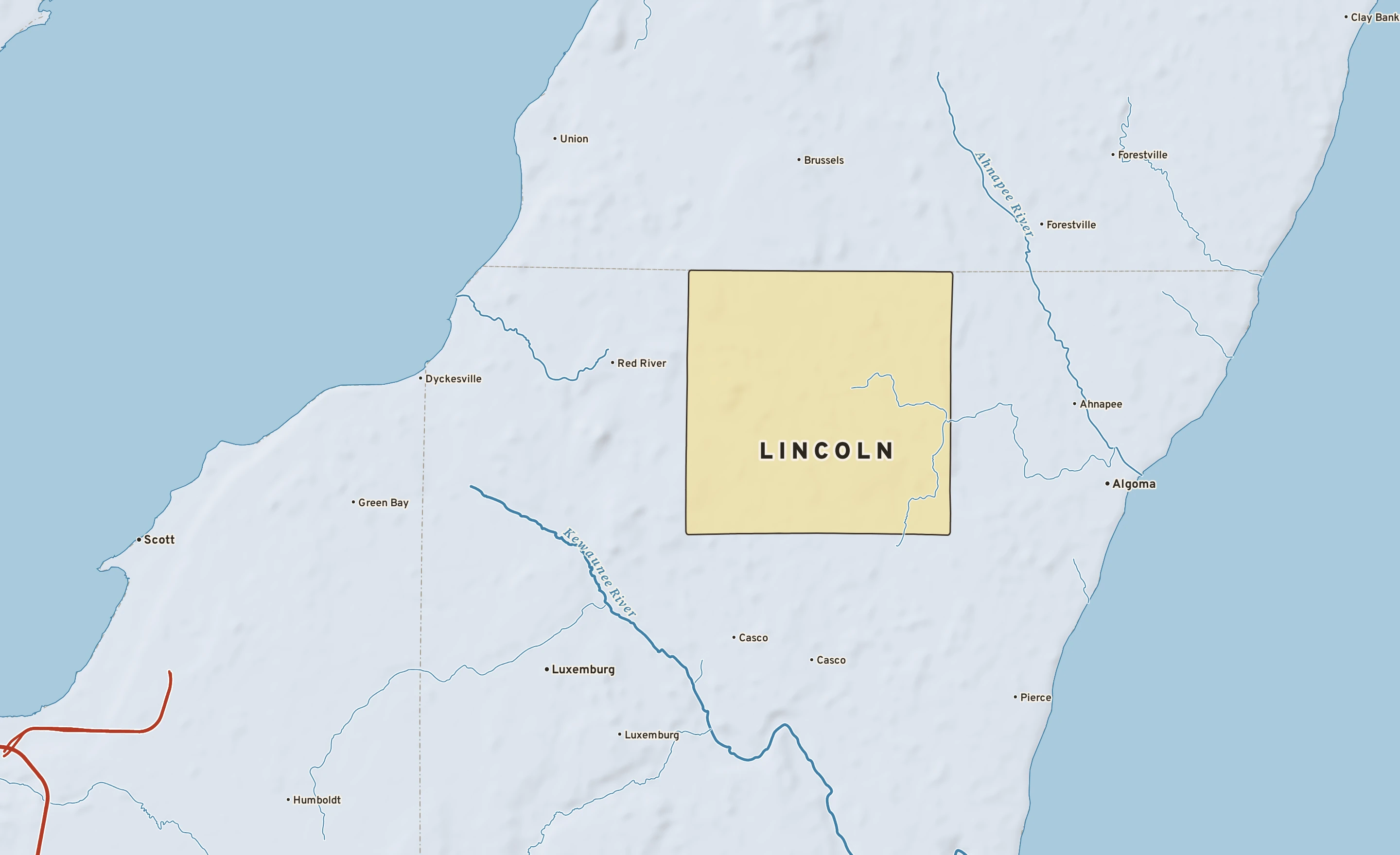 Shaded-relief atlas plate of Lincoln, Wisconsin: rivers, roads, the city limits and where the water drains.